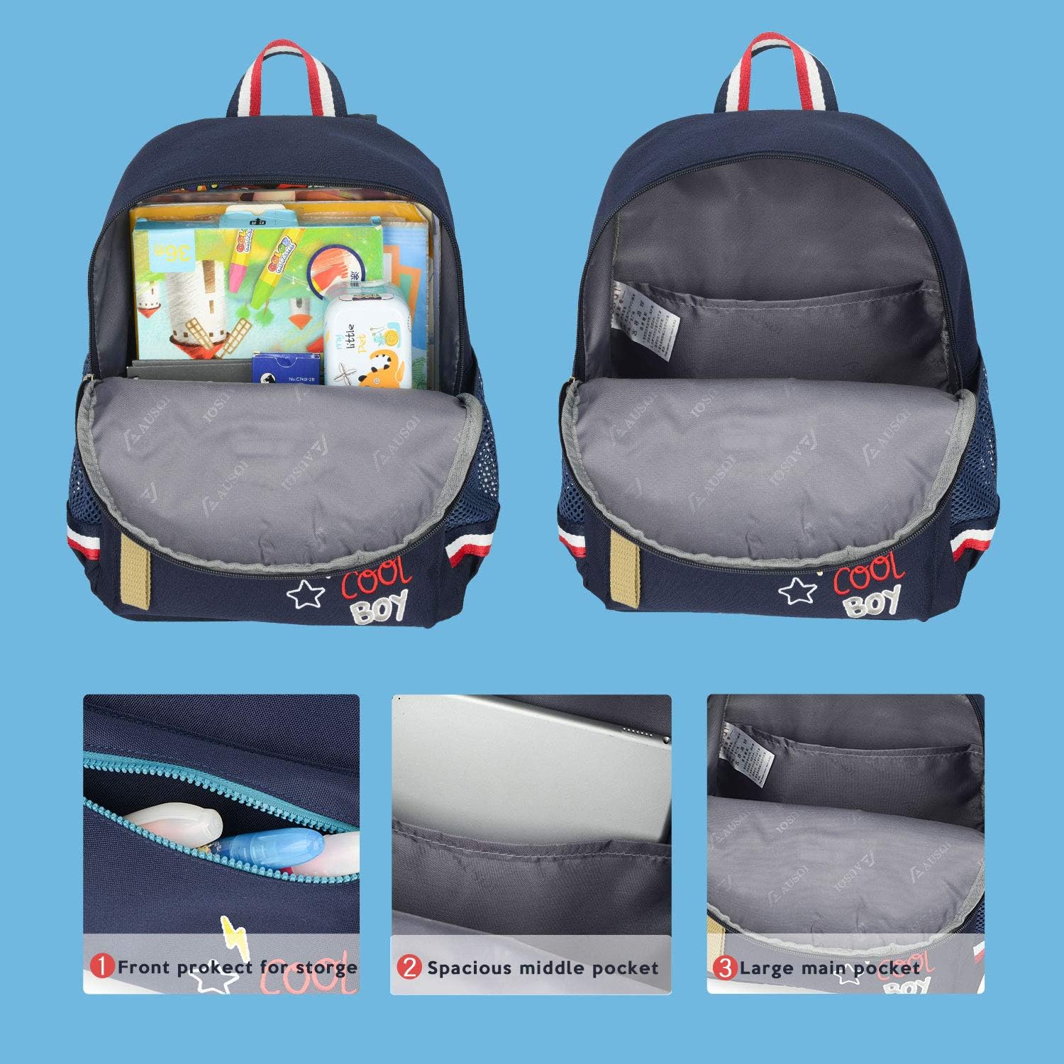 willikiva Cartoon Bus 12 Kindergarten Backpack for Kids Girls and Boys,Waterproof Preschool Toddler Backpack Wiht Leash and Safety Harness(Deep Blue) - Image 5