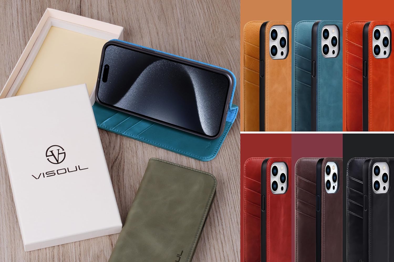 VISOUL Leather Case for iPhone 15 Pro Max, Genuine Leather Wallet Case with Card Slots Kickstand Shockproof Protective Folio Cover Compatible with iPhone 15 Pro Max 6.7"(Green)