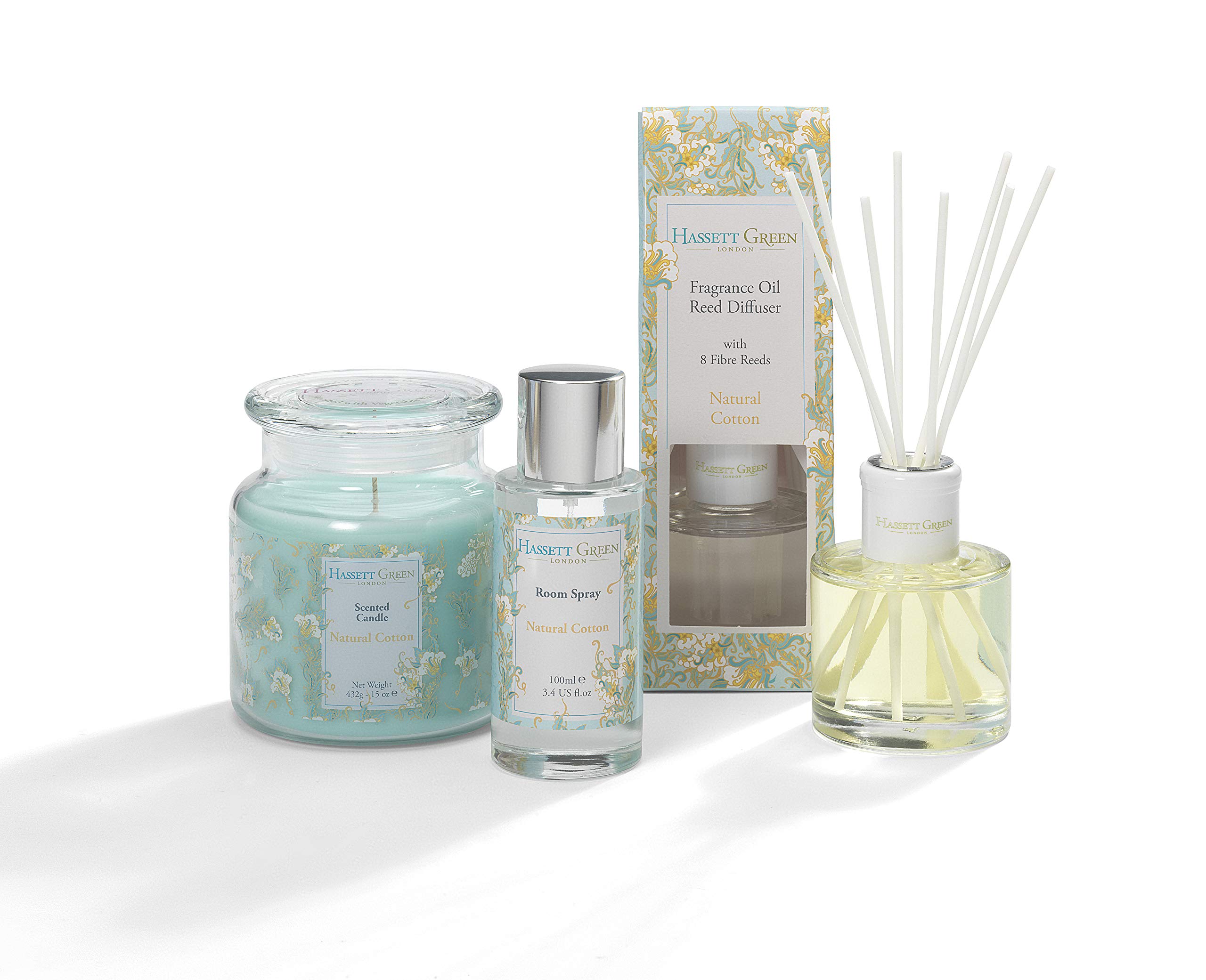 Hassett Green London Candle, Reed Diffuser and Room Spray Hamper Gift Set (Natural Cotton)