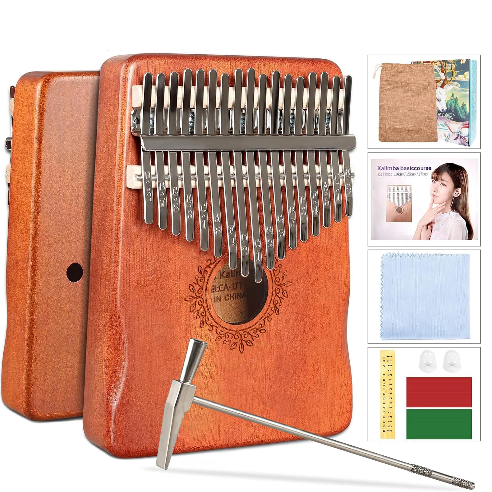 DHinkyoung Kalimba 17 Keys, Portable Mbira Thumb Piano, Calimba Instrument with Study Instruction and Tune Hammer, Solid Mahogany Finger Piano Gift for Kids and Adults Beginners (Butterfly Flower)