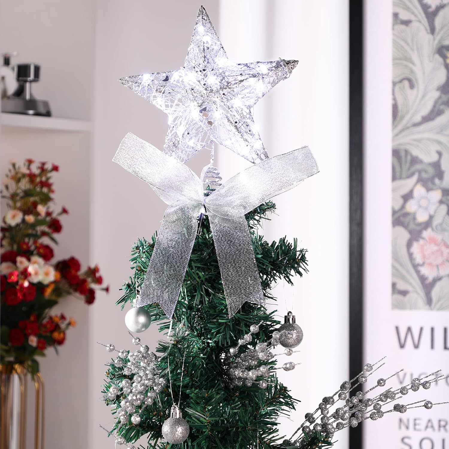 Sumind 9.8 x 11.8 Inch Christmas Star Tree Topper Glittered Star Metal Plug in Treetop Ornaments with Bow and 30 LED String Light for Christmas Tree Indoor Holiday Party Decoration(Silver) - Image 5