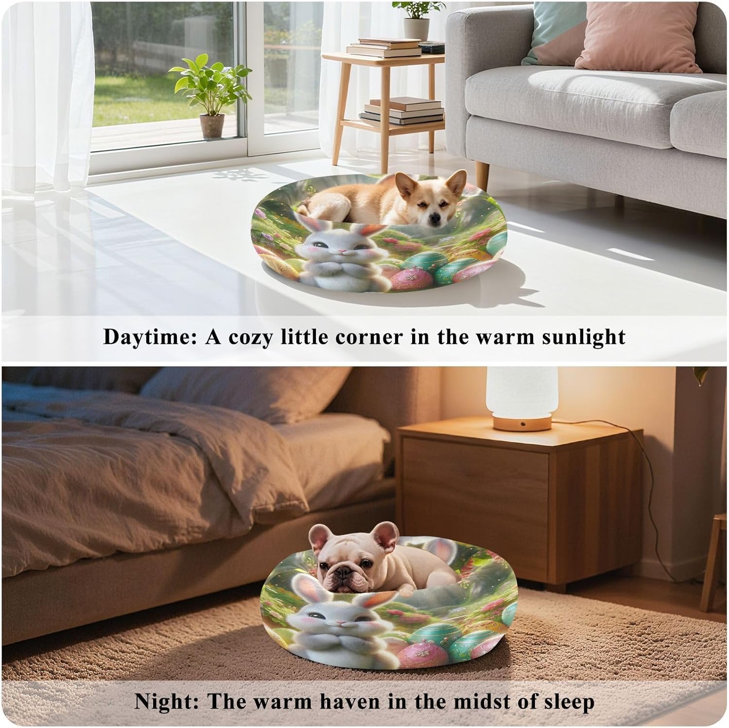 Dog Bed Ultra Soft Fluffy Comfortable Cat Bed, Cute Easter Bunny Washable Dog Beds Anti-Slip Round Pet Beds for Medium Dogs