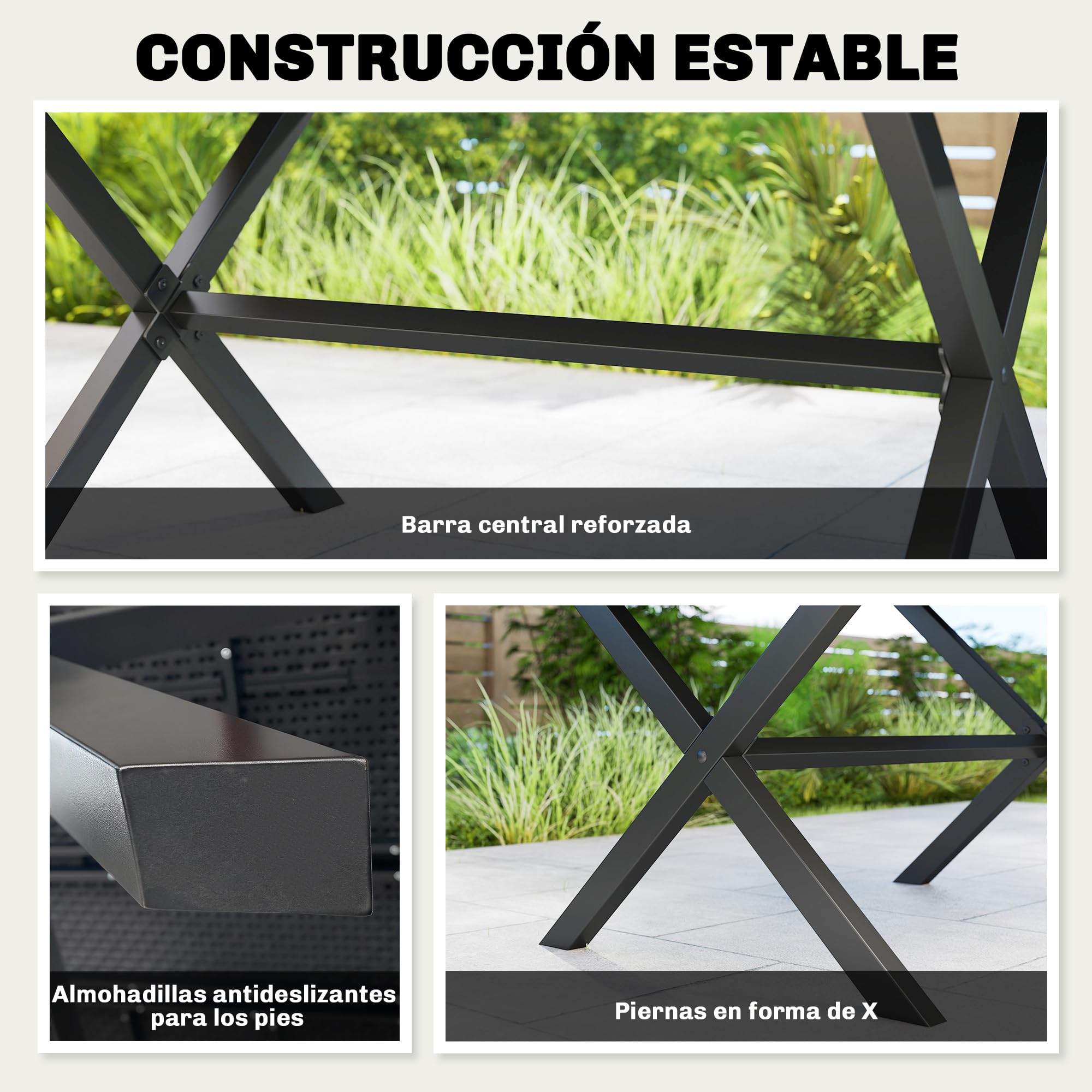 Outsunny Mesa de Comedor de Jardín Rectangular, Mesa de Terraza Exterior 150x90x74 cm, con Encimera de HDPE de Listones y Estructura Metálica, para 6 Personas, Carga 50 kg, para Patio, Balcón, Negro