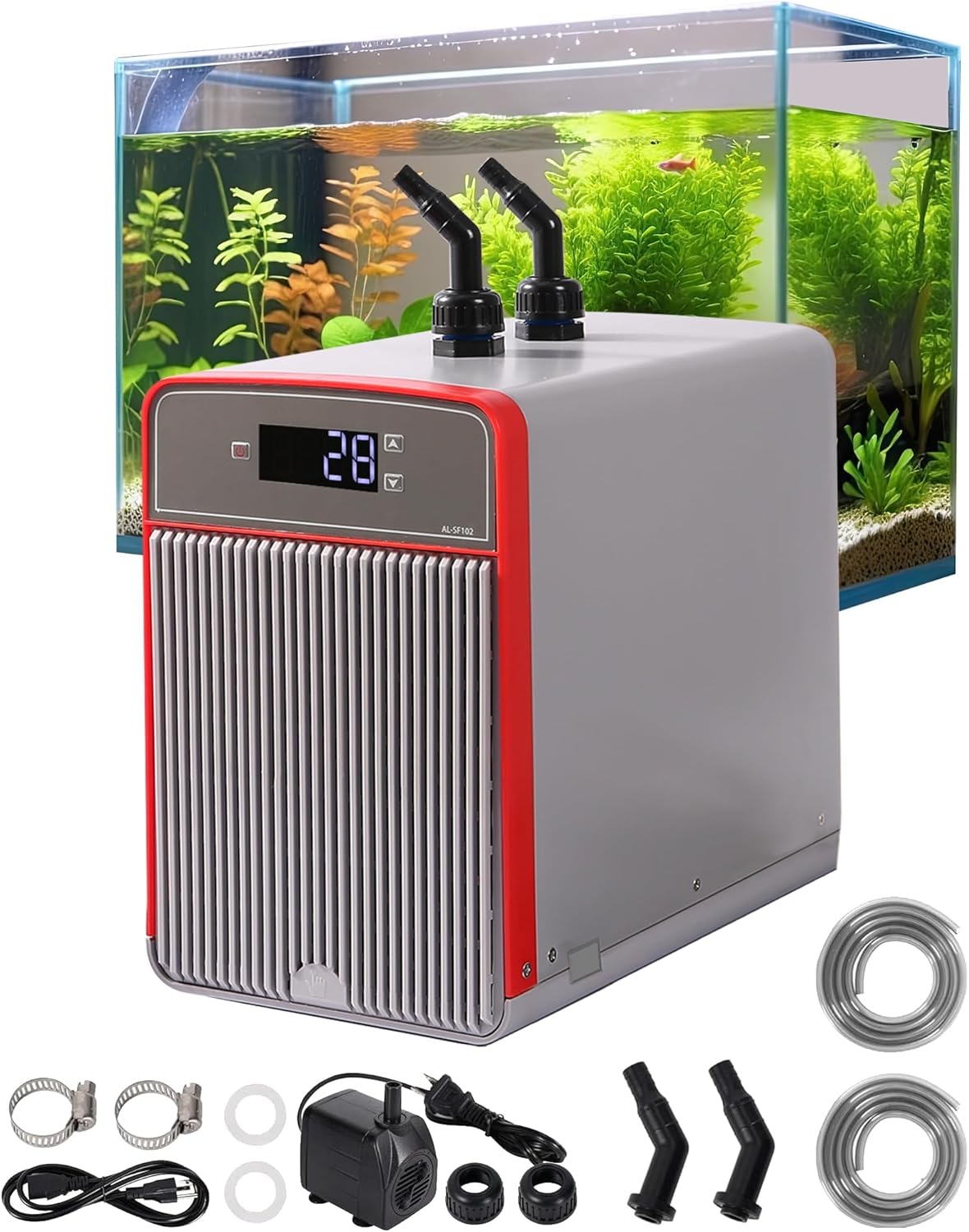 1/10 HP Aquarium Chiller– 42gal (160L). for Axolotls, Fish Tanks, hydroponics. Sea & Fresh Water Compatible. Includes Pump, nozzles & Hoops. Ideal for Coral & Shrimp.