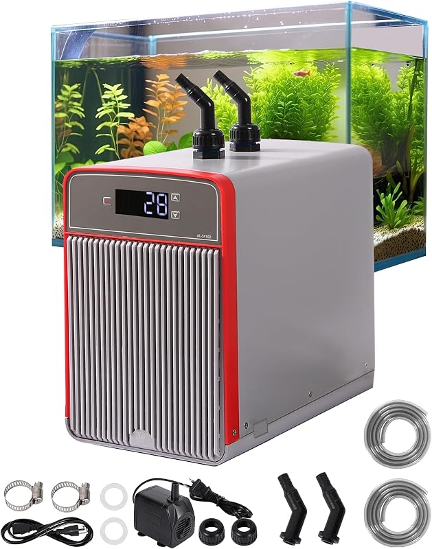 1/10 HP Aquarium Chiller– 42gal (160L). for Axolotls, Fish Tanks, hydroponics. Sea & Fresh Water Compatible. Includes Pump, nozzles & Hoops. Ideal for Coral & Shrimp 110V