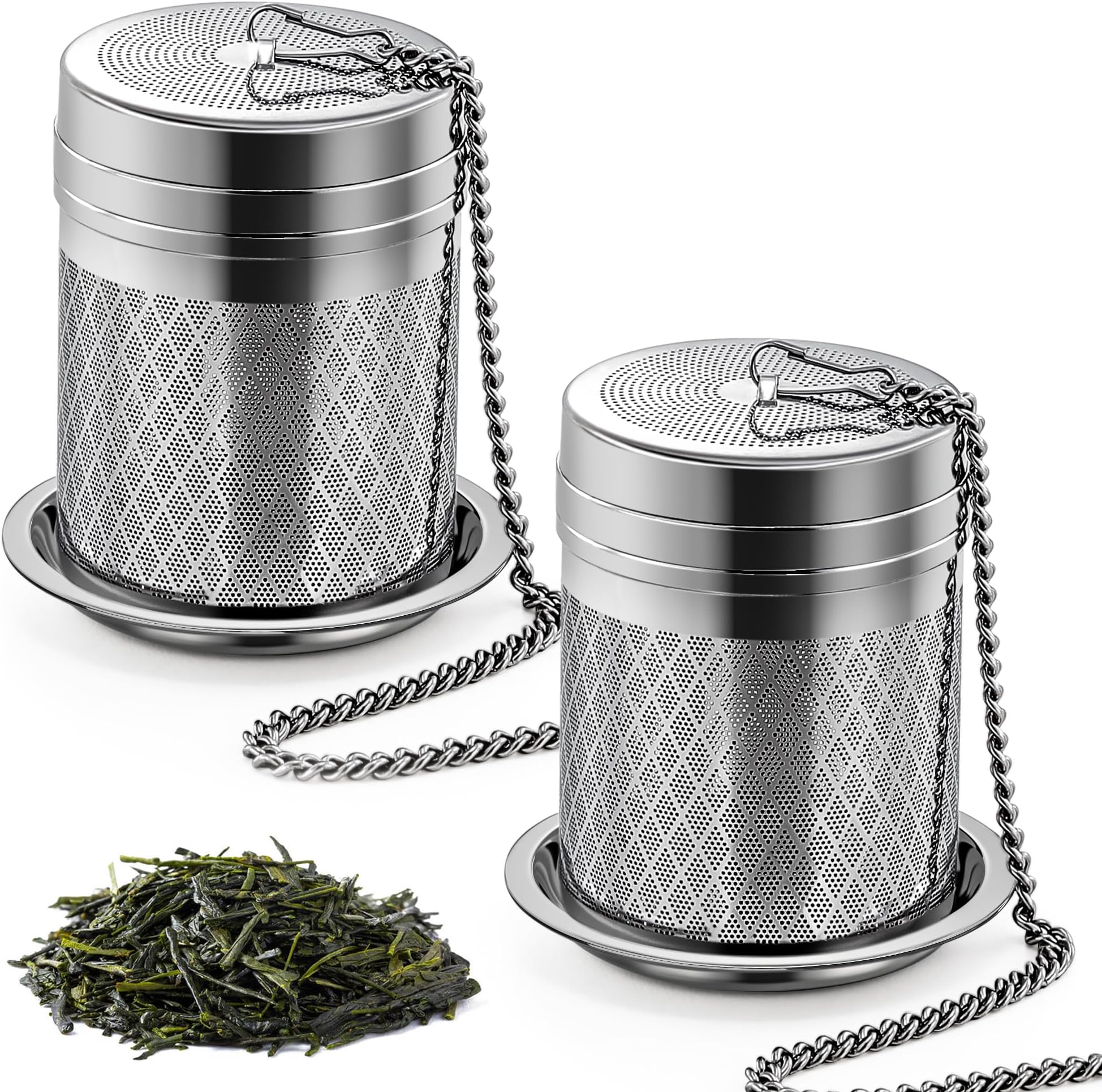 Tea Infusers for Loose Tea, 2 Pack Extra Fine Mesh Tea Strainers, 18/8 Stainless Steel Loose Leaf Tea Steeper Tea Diffusers with Extended Chain Hook and Drip Tray