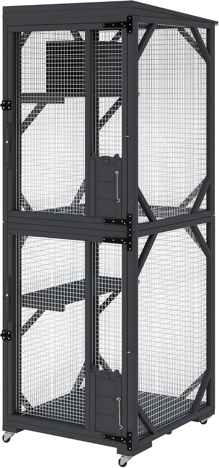 Small Cat Cage with Wheels, Indoor Outdoor Catio Enclosure, Fir Wood & Galvanized Wire Mesh Pet House with Resting Box & Multiple Doors for Kittens, Cats (Black)