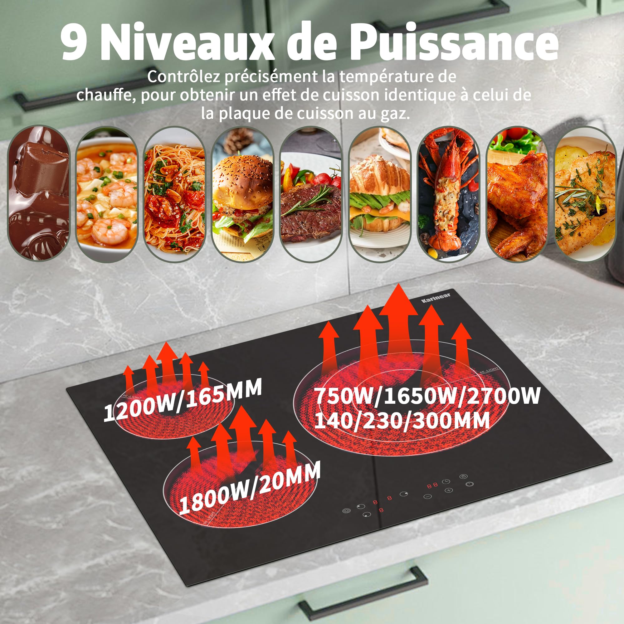 Karinear Plaque de cuisson Vitrocéramique 3 Feux | Table de Cuisson Électrique 59CM, Grand Disque, Commande Tactile, Minuterie, Verrouillage de Sécurité, 5700W, 220V
