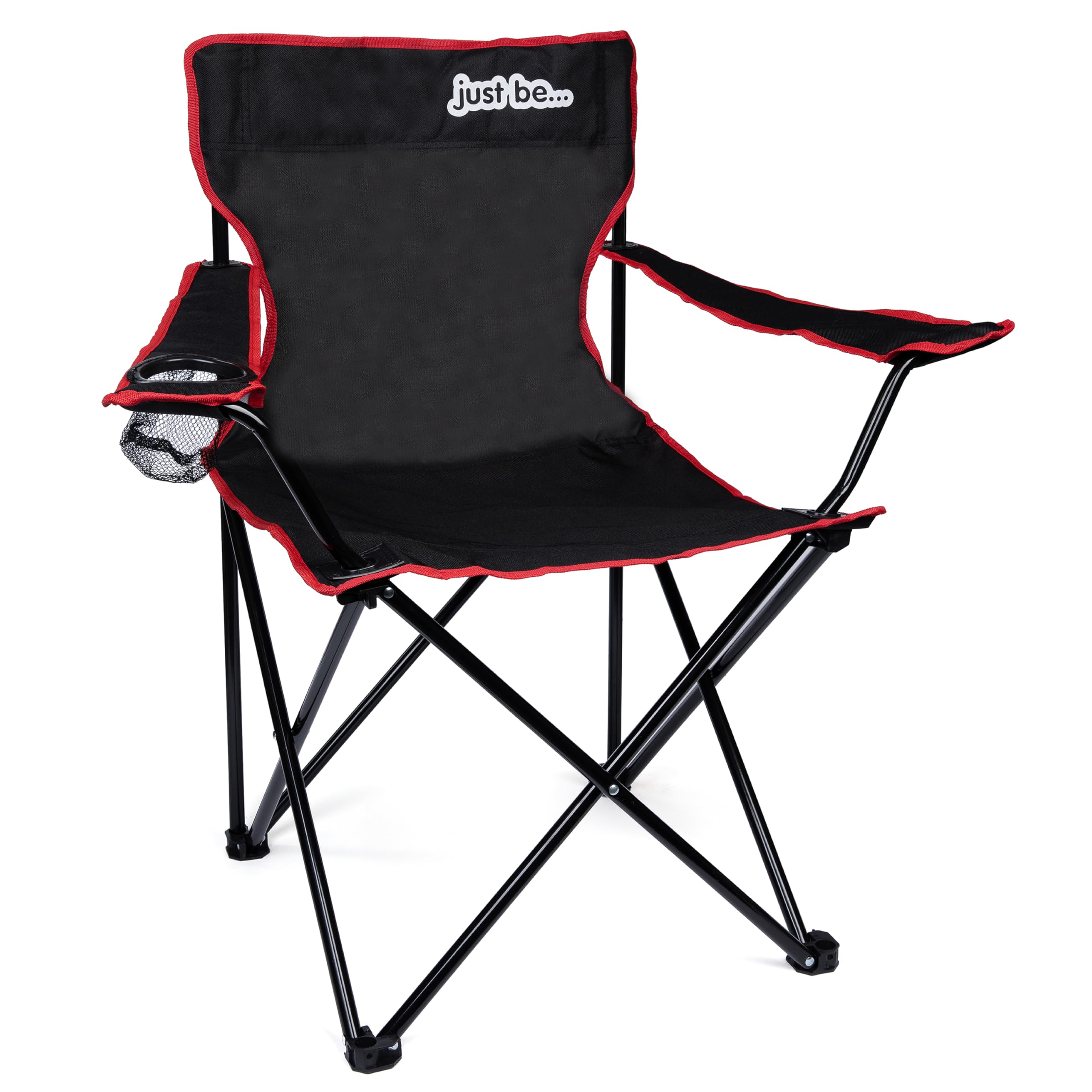 just be... Camping Chair – Lightweight, Foldable & Portable Outdoor Seat with Armrests, Cup Holder & Carry Bag | For Adults & Kids | Garden, Beach, Festival & Fishing – Black/Red Trim — image 1