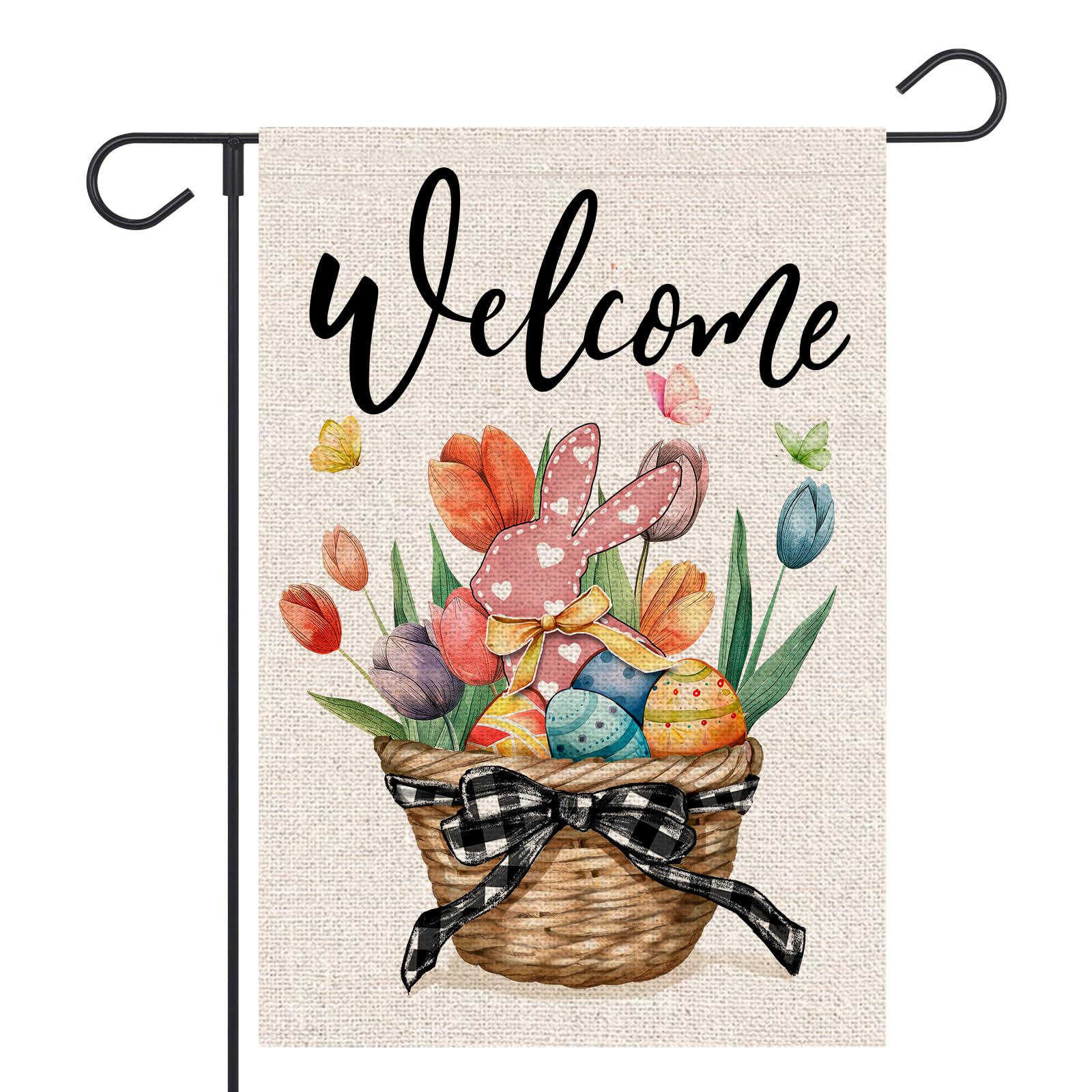 Welcome Easter Garden Flag 12x18 Inch Double Sided Outside Bunny Easter Eggs Tulip Floral Spring Yard Holiday Decoration Flag