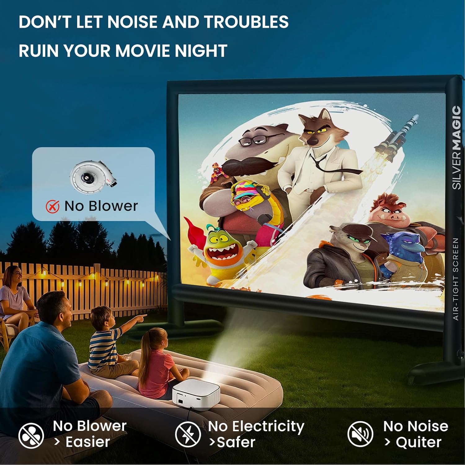 Silent Inflatable Projector Screen I Air-Tight No-Blower Design, Black Backing, 180 inch (Equivalent to 20ft) for Indoor & Outdoor Use Backyard, Pool, Camping, Office, Church by Silvermagic