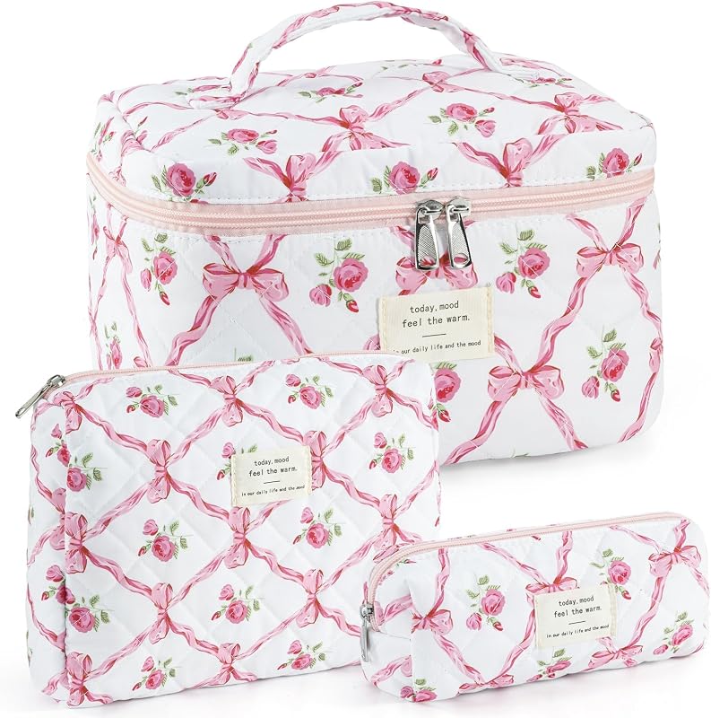 Conjunto de 3 necessaires de maquiagem UUYUUY em algodão matelassê, estampa floral, rosa, com zíper