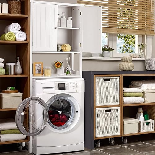 Miniatura 2 de Giantex Armario de almacenamiento para inodoro con armario de 2 puertas, estante abierto, estante ajustable de 3 posiciones, dispositivo