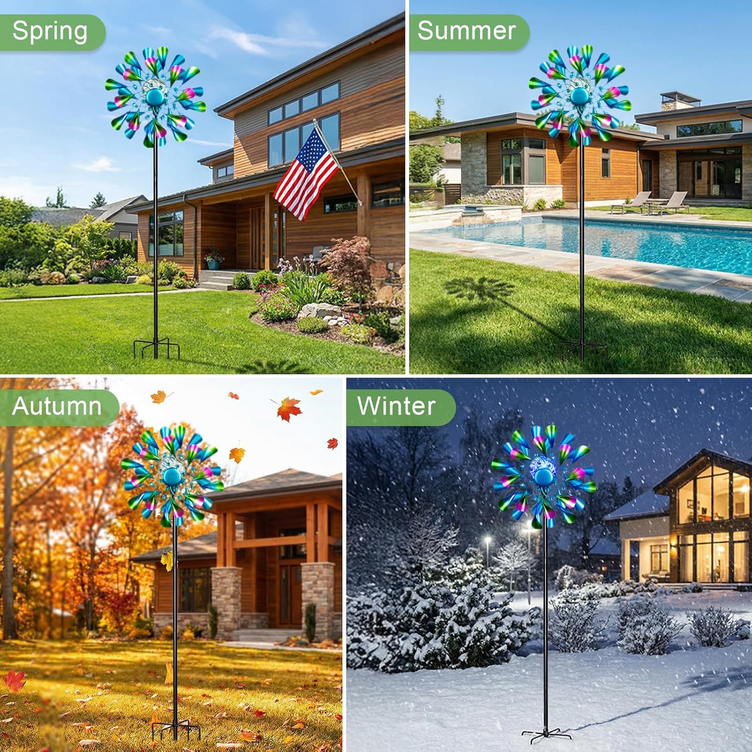 60'' Wind Spinner with Color Glass Ball Solar Lights, Green Peacock Feathers Metal Garden Outdoor Decor Yard Lawn Art Decor for Patio Kinetic Windmills Unique Gifts for Friends and Family