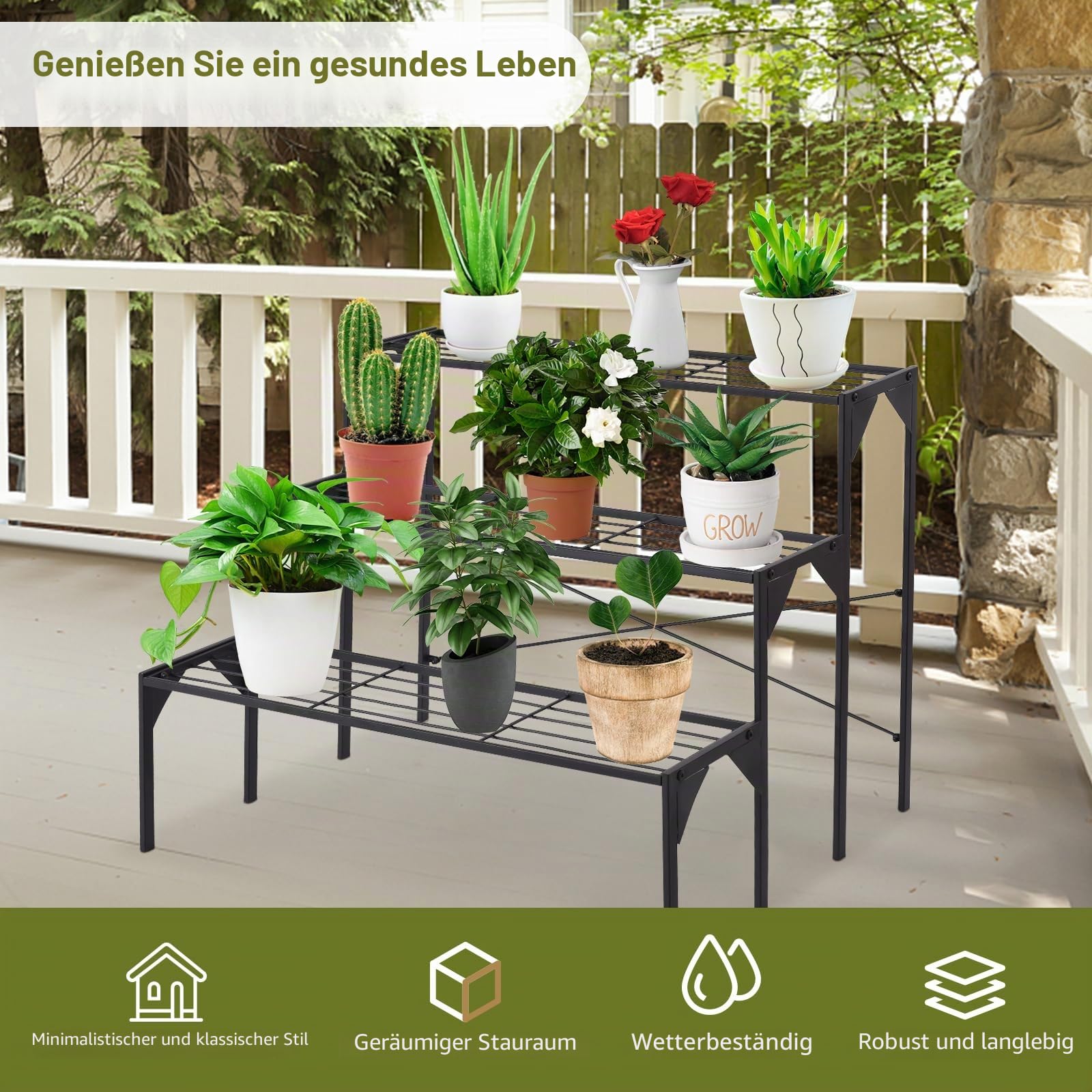 3-stöckiger Pflanzenständer Metall, Blumenständer mit 2 Etagen, Pflanzregal Blumenregal Blumentreppe für Wohnzimmer Garten Balkon, Multifunktionales Regal Shuhregal, Schwarz (Leiterform)