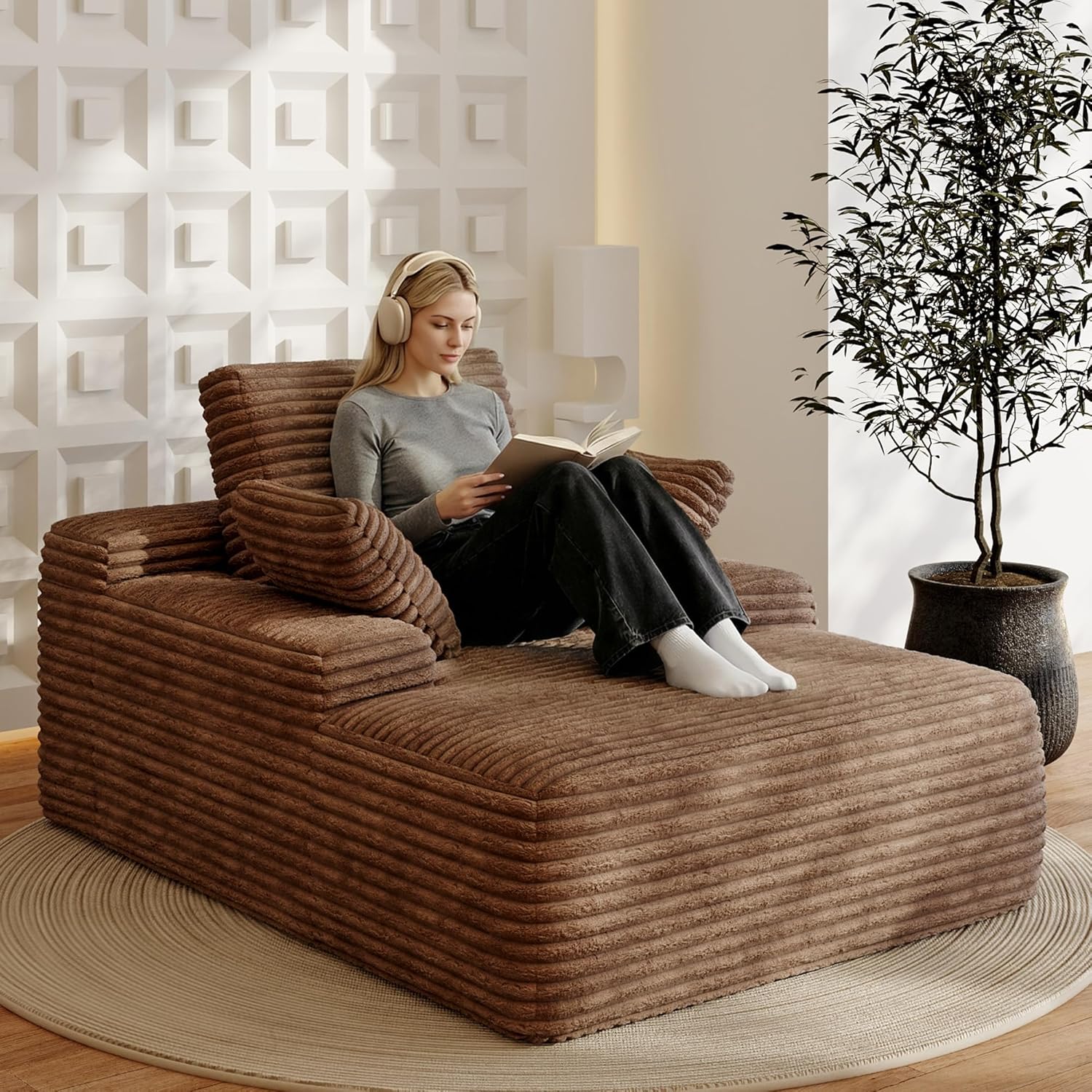Chaise Lounge Chair Indoor, 67" Oversized Fluffy Corduroy Upholstered Boneless Sofa Bed, Deep Seat Sleeper Couch Reading Chairs, No Assembly Required (Brown)