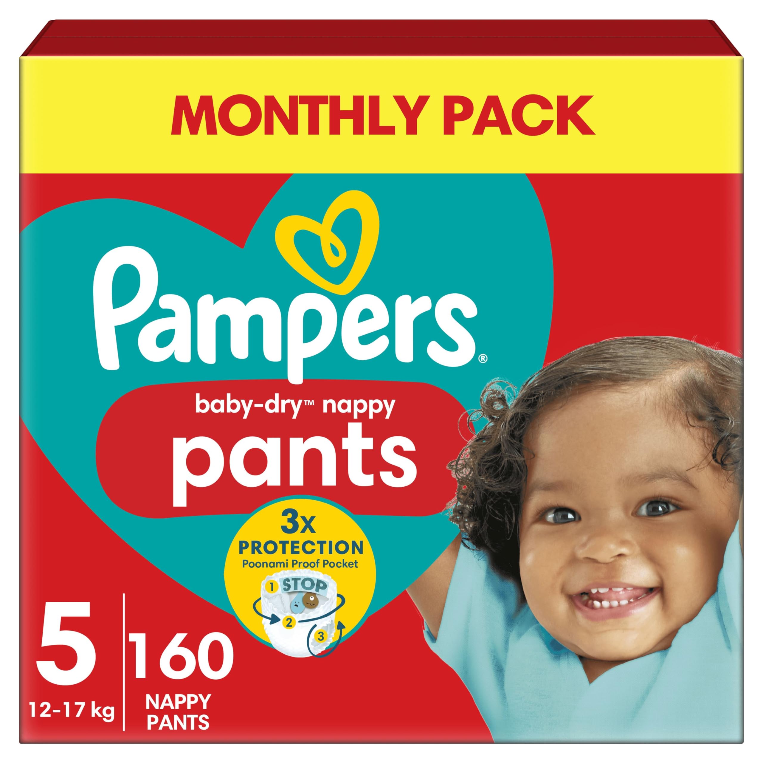 Pampers Baby-Dry Nappy Pants Size 5, 160 Nappies, 12kg-17kg, Monthly Pack,  360° Fit To Help Prevent Gaps And Leaks