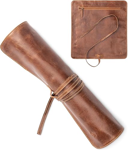 Angus Stoke Bolsa de cuero premium para cuchillos  Almacenamiento y protección para cuchillos de chef, 7 ranuras y 1 bolsillo con cremallera, funda