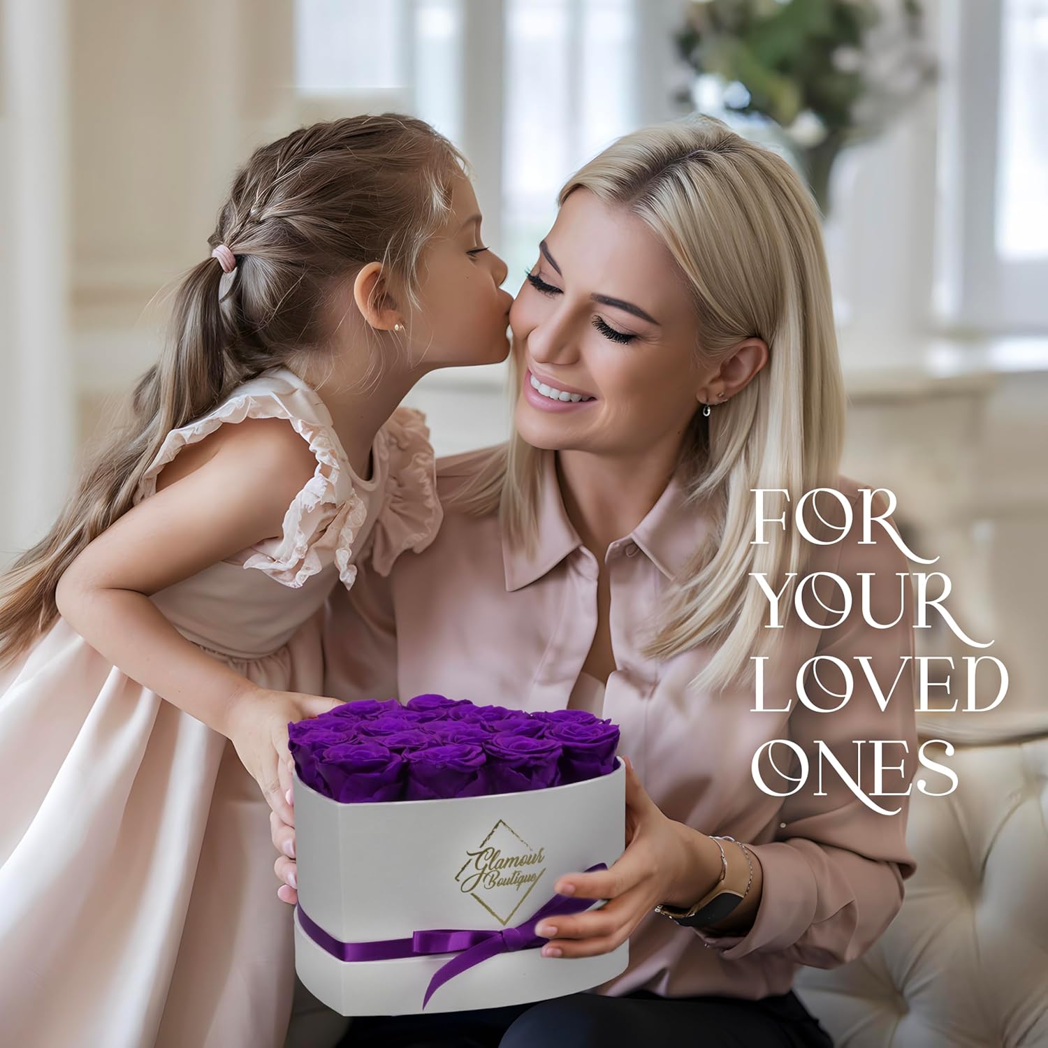 GLAMOUR BOUTIQUE Preserved Roses in a Box - Gifts for Her, Wife & Mom, Rose Flowers Forever Decor for Birthday Gift, Get Well Flower Bouquet Cased in White Box with Cover - Purple - 16 (Color-Treated) - Image 3