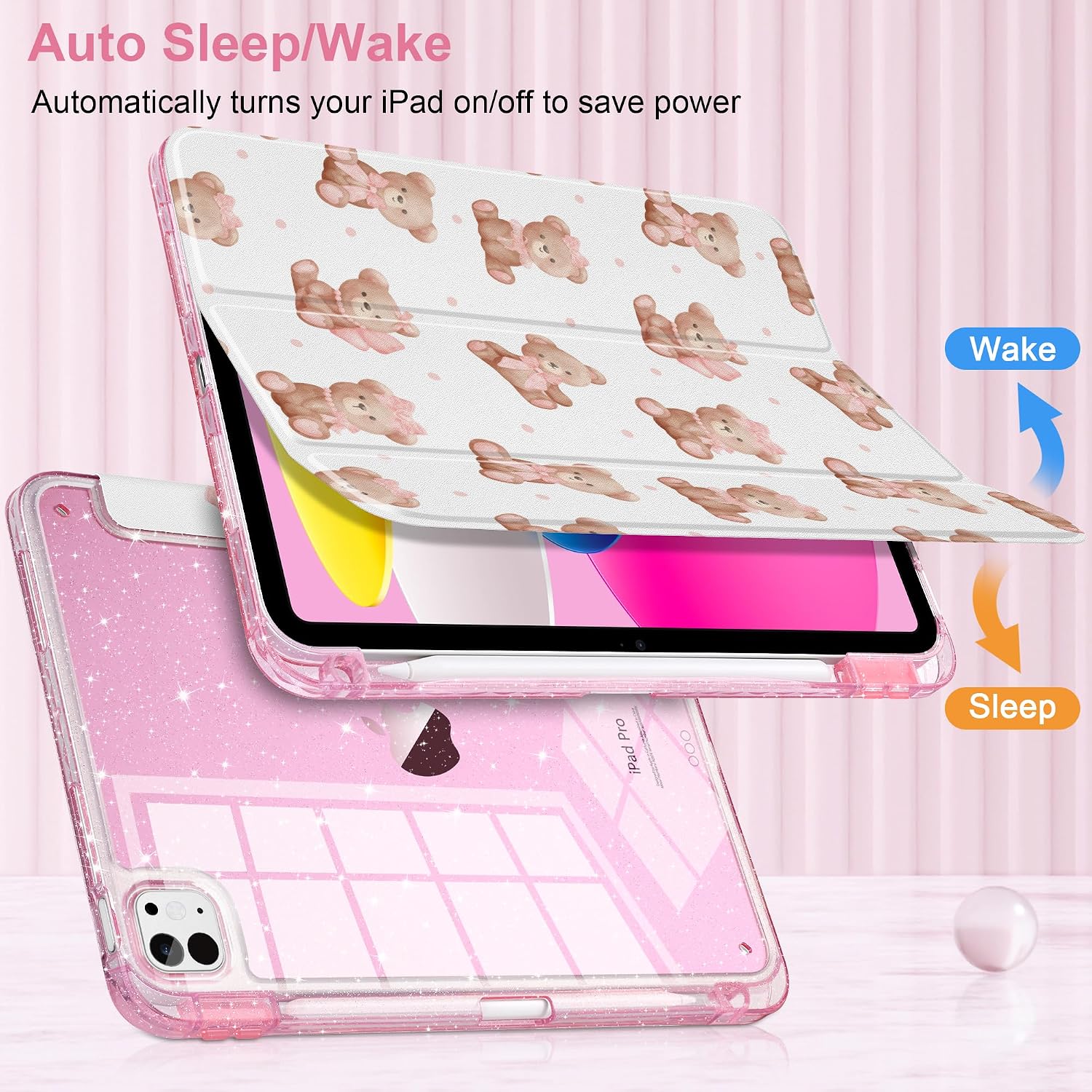 TWOLSKOO Sparkly Case for iPad Pro 11 inch (M5 2025 / M4 2024), Glitter Hard Acrylic Back with Pencil Holder, Slim Trifold Stand Folio Cover, Auto Sleep/Wake, Bears & Bows