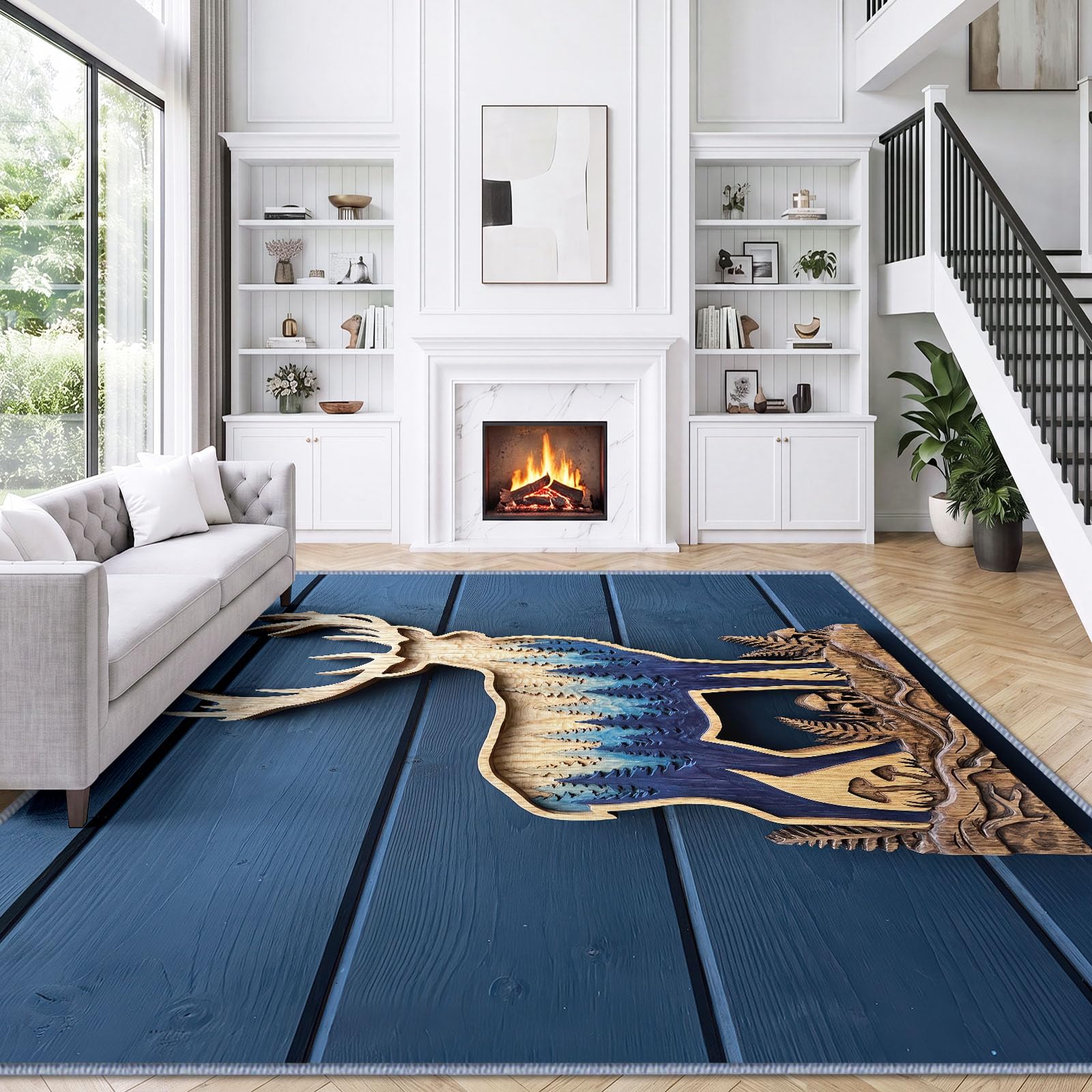 Tapis Lavable en Machine 120 x 180 cm Bois Cerf Silhouette Forêt Tapis Antidérapant en Flanelle Idéal pour Enfants et Animaux – Moquette de Chambre Doux, Poils Courts, Entretien Facile, Bleu Marine