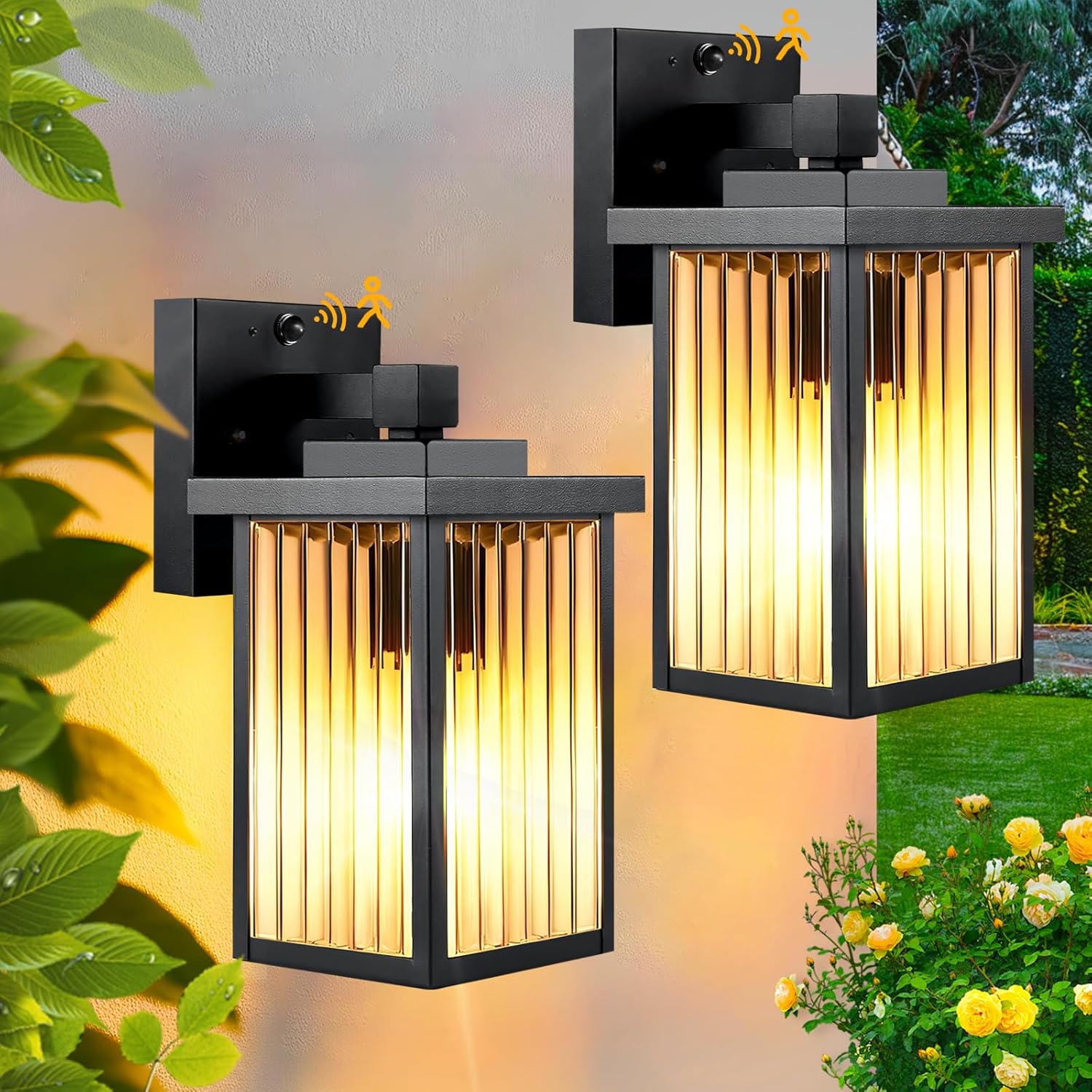 2 Pack Outside Movement Sensor Lights, Nightfall to Daybreak Outside Wall Gentle Fixtures, Waterproof Exterior Lighting for Entrance Porch, Storage, Entryway, Yard, Home (Black)