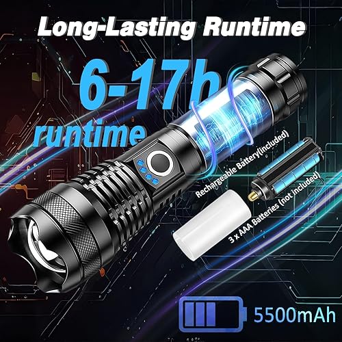 Miniatura 4 de ISUNMEA Linterna fuerte recargable, linternas LED potentes con zoom de 1500 lúmenes, altos lúmenes con 5 modos, luz de flash de mano impermeable