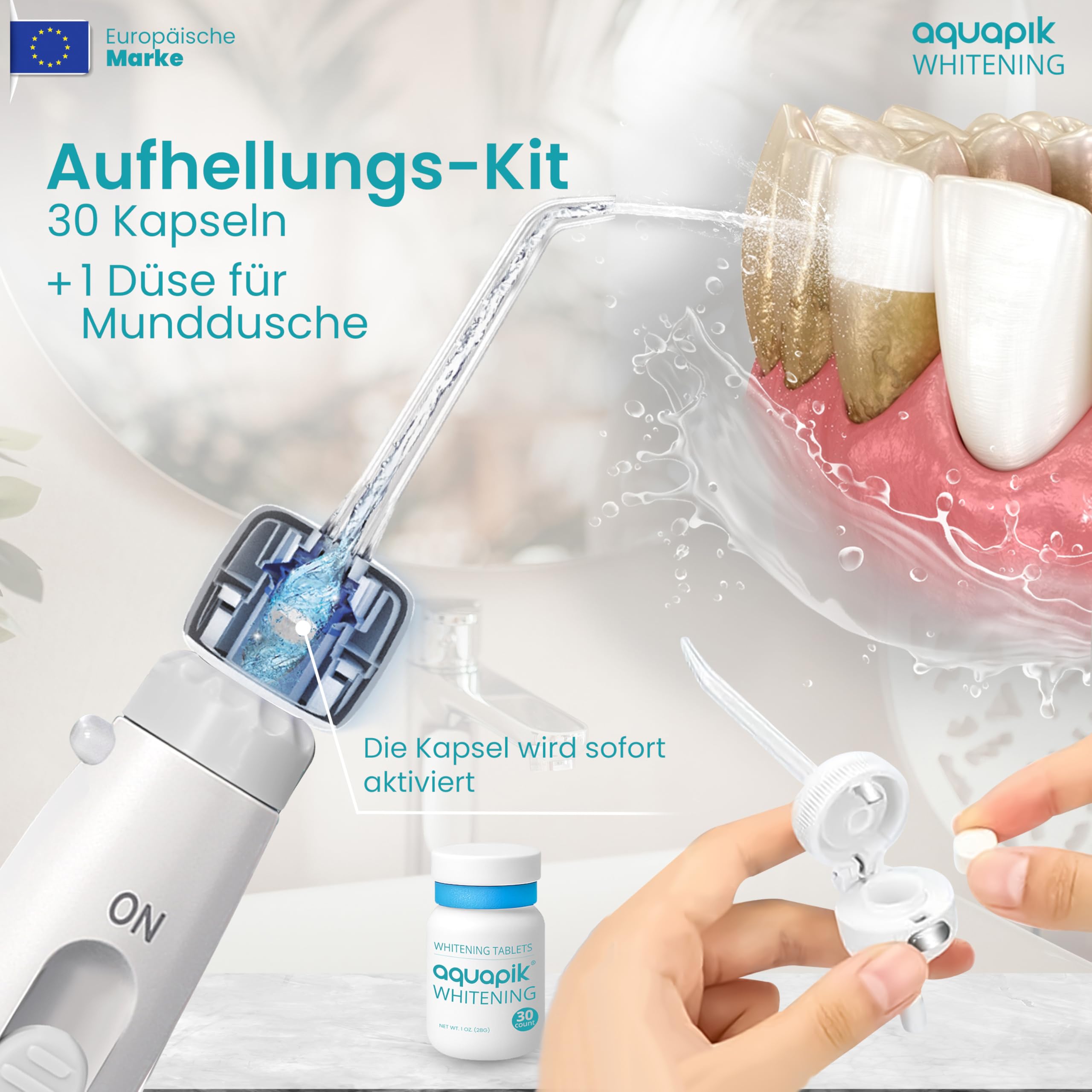 Aquapik® ADVANCED Munddusche | Ideal für Zahnspangen, Implantate und empfindliches Zahnfleisch | Aufhellungs-Kit entfernt Flecken | 10 Druckstufen | 10 Düsen | Von Zahnärzten empfohlen.