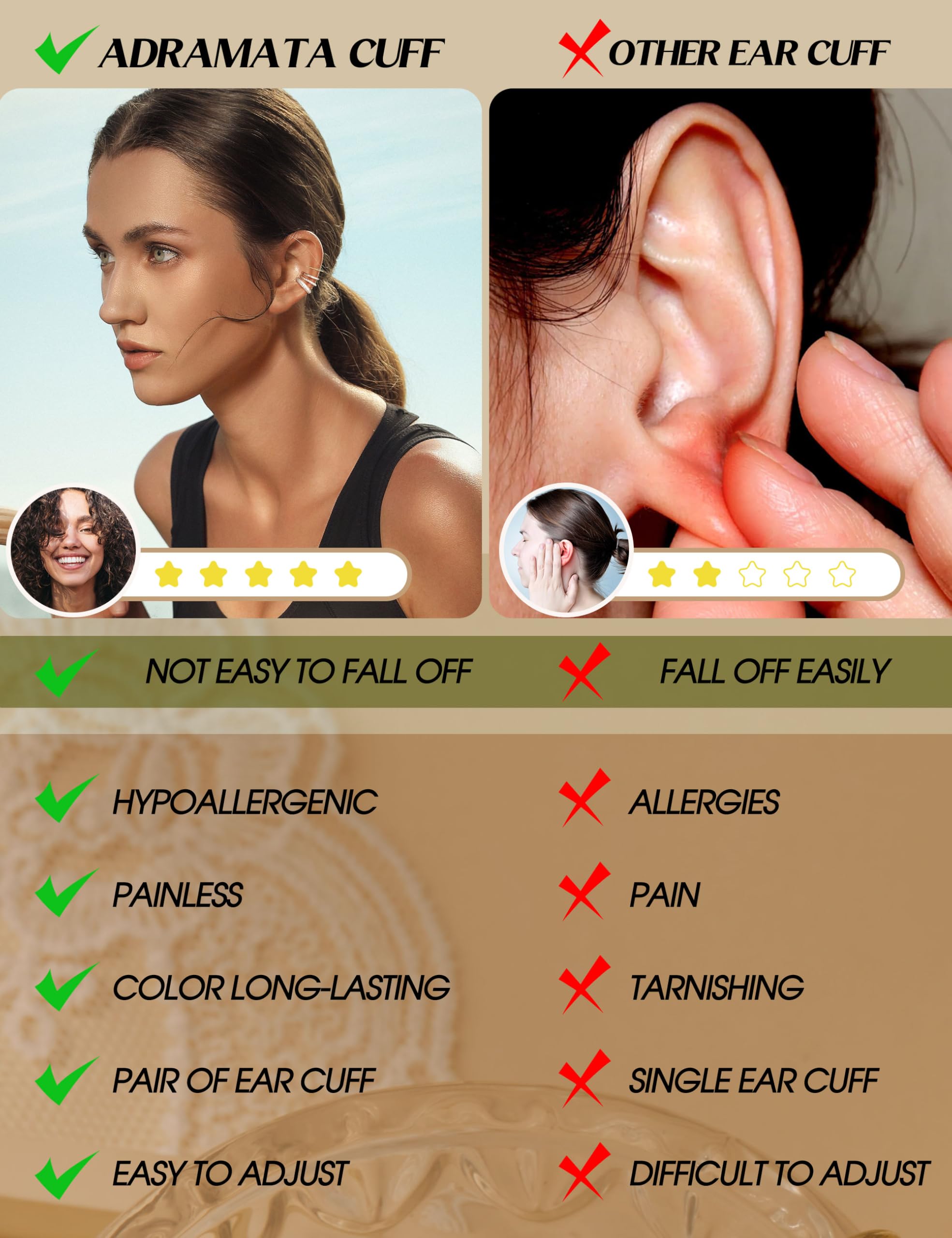 ADRAMATA 4 Paia Ear Cuff Orecchini Senza Buco Donna - Regolabili Clip in Oro 14K/Argento, Orecchini Finti Ipoallergenici per Cartilagine, Non Piercing Earcuffs con Custodia Regalo