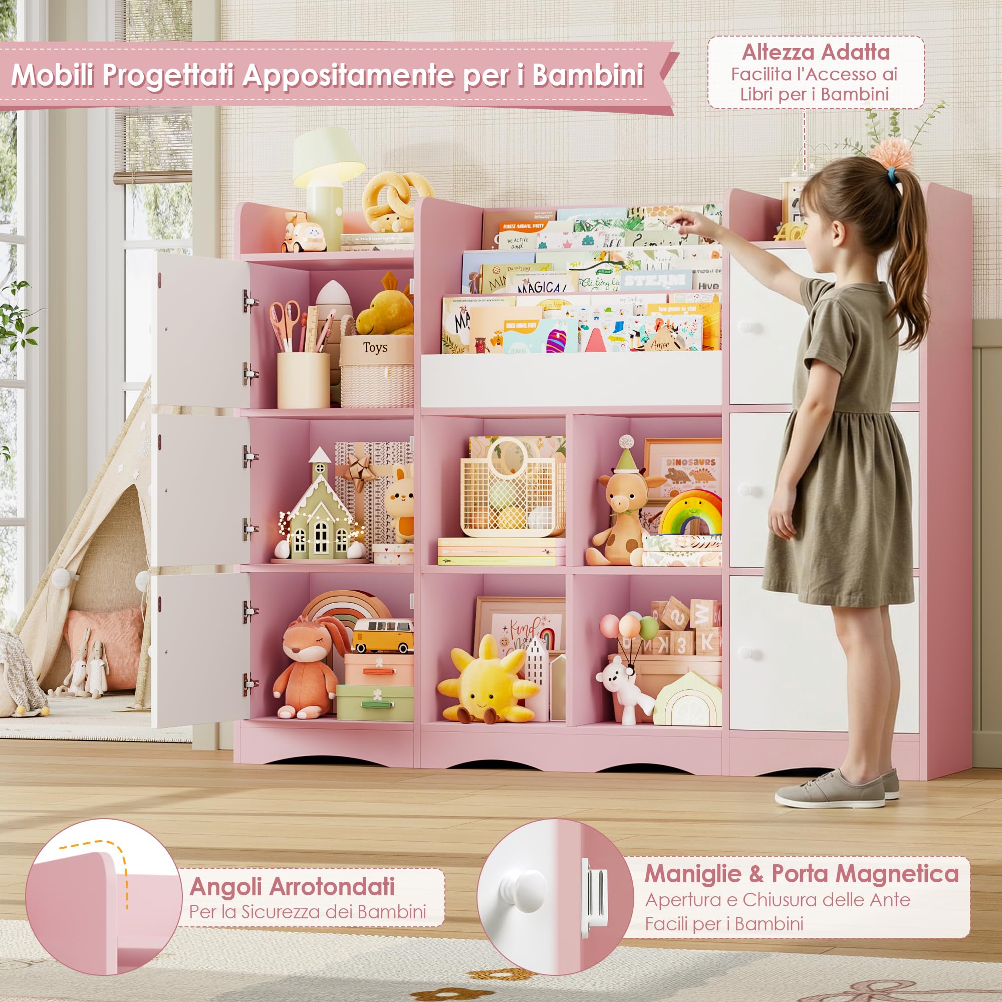 FOREHILL Organizer Giocattoli, Porta Giochi Bambini a 6 Scomparti con Ante, Mobile Porta Giochi a 4 Vani Portaoggetti Aperti, con Portariviste, per Cameretta e Sala Giochi, 140x30x106 cm (Rosa)