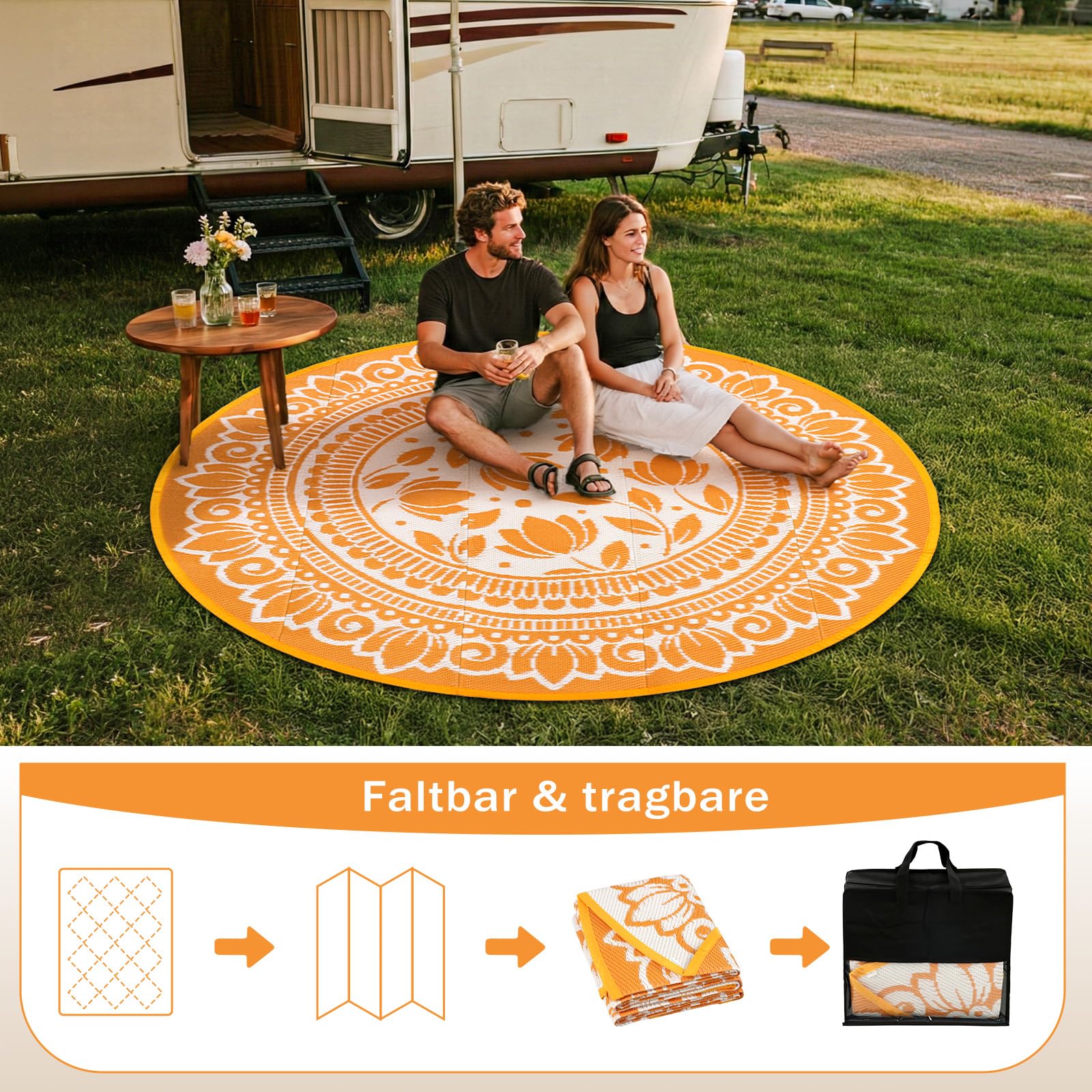 Outdoor Teppich Rund Schwarz 180 cm, Boho Wetterfest Wendbarer Outdoorteppich, Kunststoff Terrassenteppich, UV-beständige Balkon Teppich für RV Camping Deck Patio Strand Garten Picknick Orange