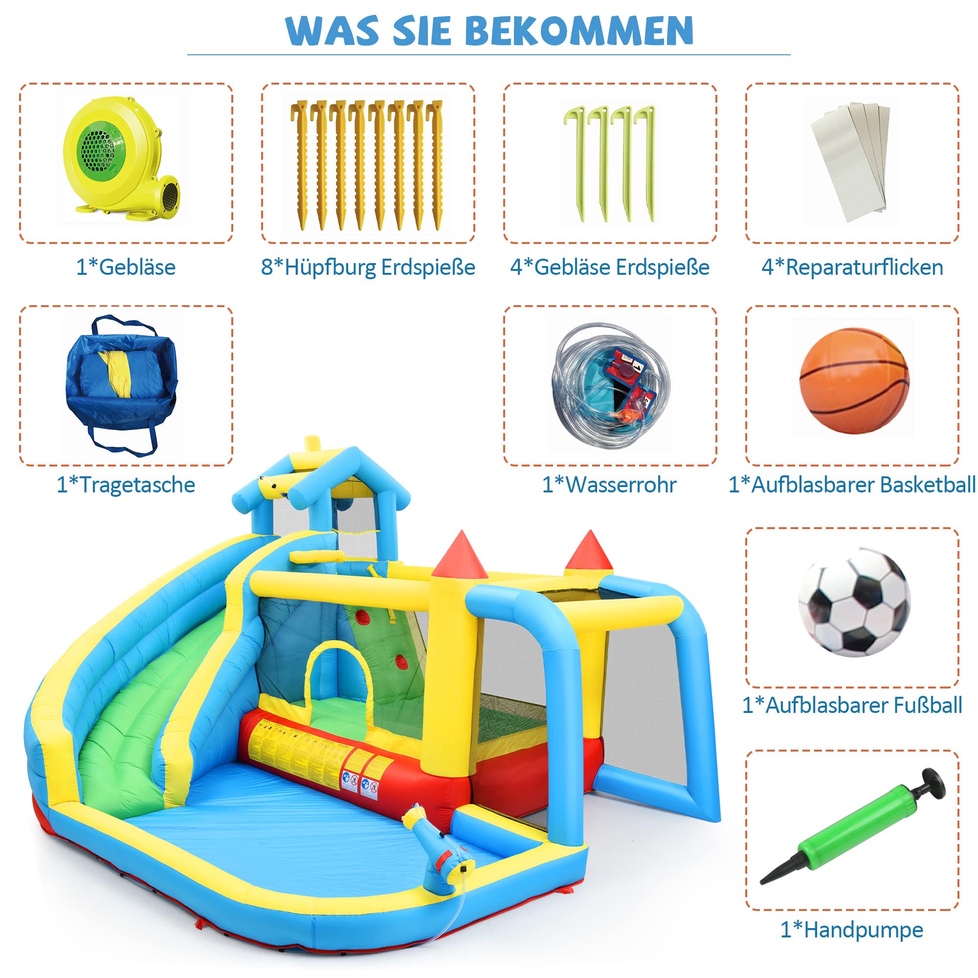 Merax Aufblasbare Hüpfburg mit Gebläse, Trocken-/Wasserrutsche, Outdoor Castle mit Sprungbereich, großes Wasserpool, Fußballnetz, für Kinder von 3 bis 10 Jahren, inkl. Tragetasche, 364 x 315 x 239 cm
