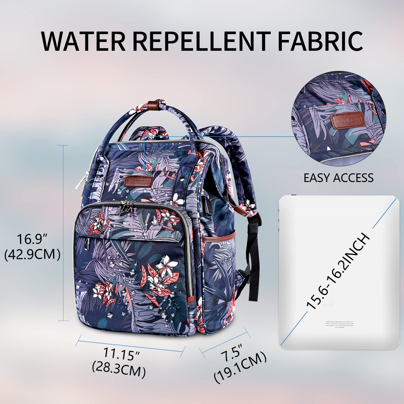 VANKEAN Sac à Dos pour Ordinateur Portable Femme 15,6 Pouces | Élégant Ordinateur Travail Sac à Dos Hydrofuge Casual Daypack, School Business Travel, Floral