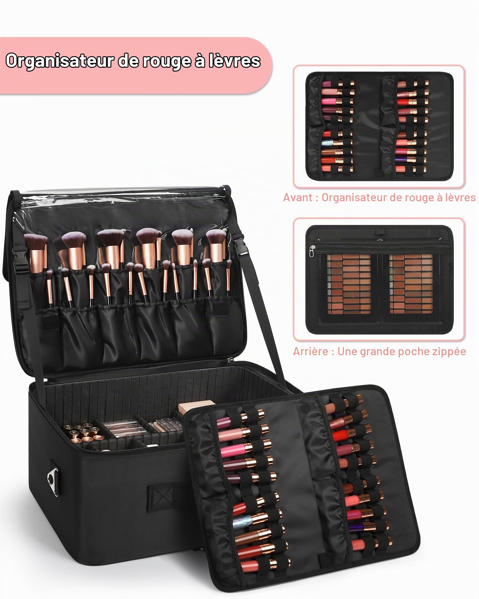 Relavel Trousse de Maquillage Professionnelle Extra Large avec 4 Sacs Transparents et Plateau à Rouge à lèvres pour maquilleurs