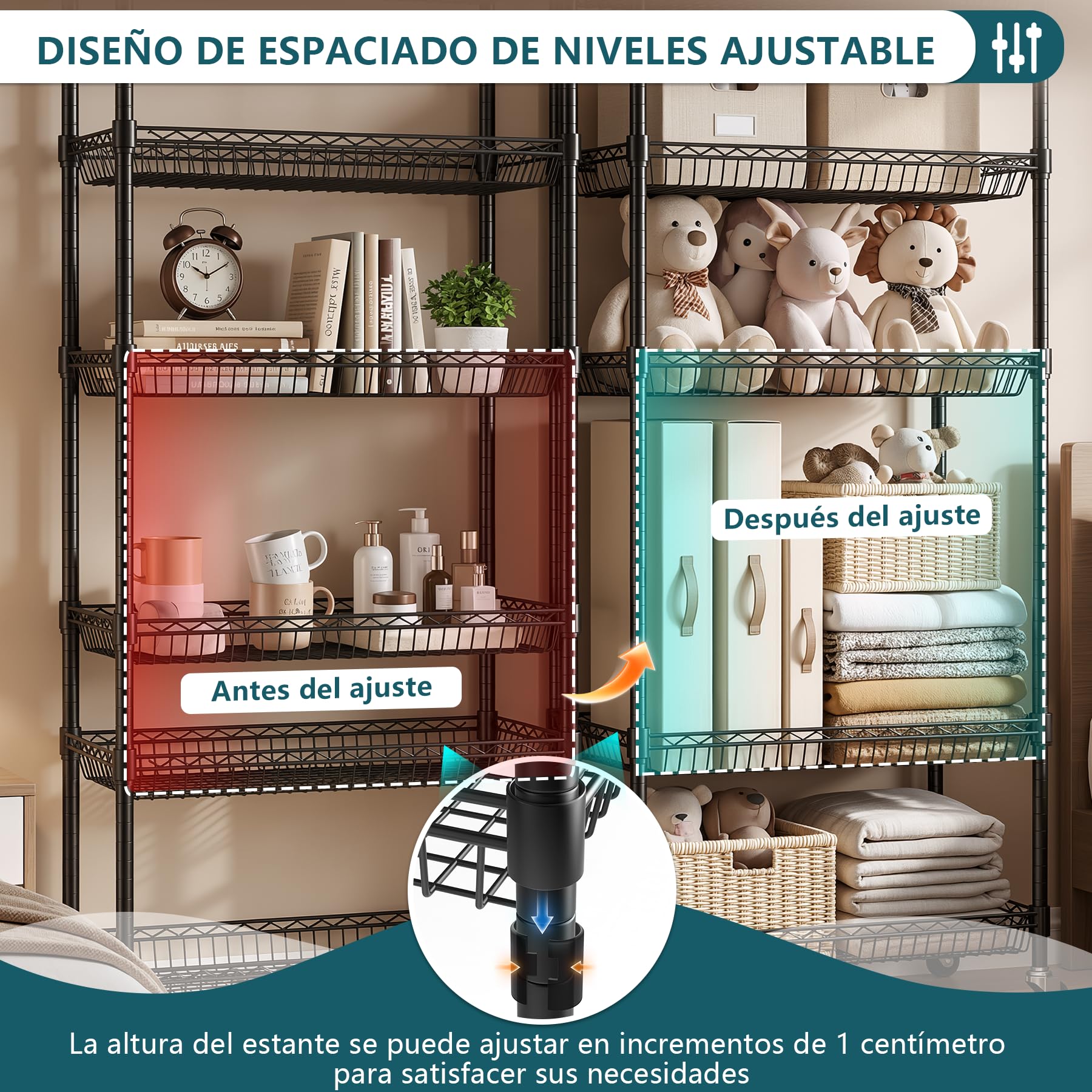 Himimi Estantería Metálica de 6 Niveles con Ruedas, Estante Ajustable en Altura Independiente, Organizador de Cestas de Alambre Metálico para Cocina, Baño, Dormitorio, Salón, 76×34×165 cm Negro