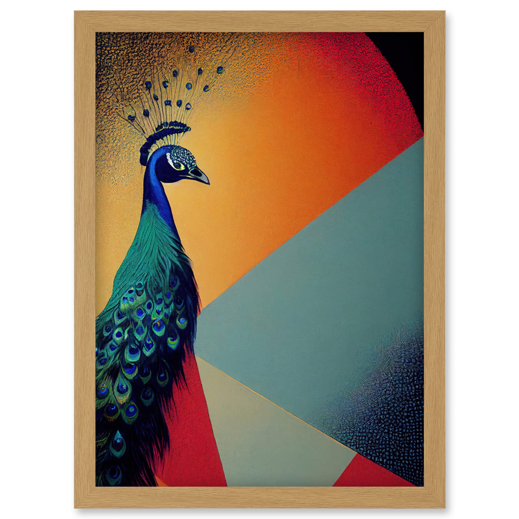Wee Blue Coo Modern Peacock Portrait in Colourful Abstract Vibrant Orange Artwork Framed Wall Art Print A4