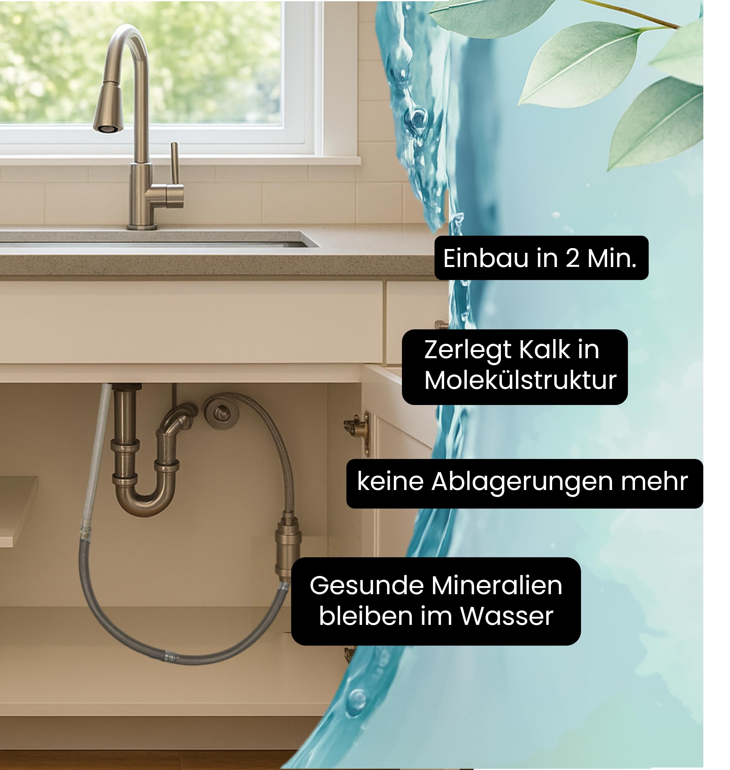 SYDROS Kalkschutzfilter für die Küche ½ Zoll aus Edelstahl reduziert Kalkablagerungen bis zu 90 Prozent ohne Salz oder Chemie für Küche, Spüle, wartungsfrei einfach montierbar inkl. Adapterset