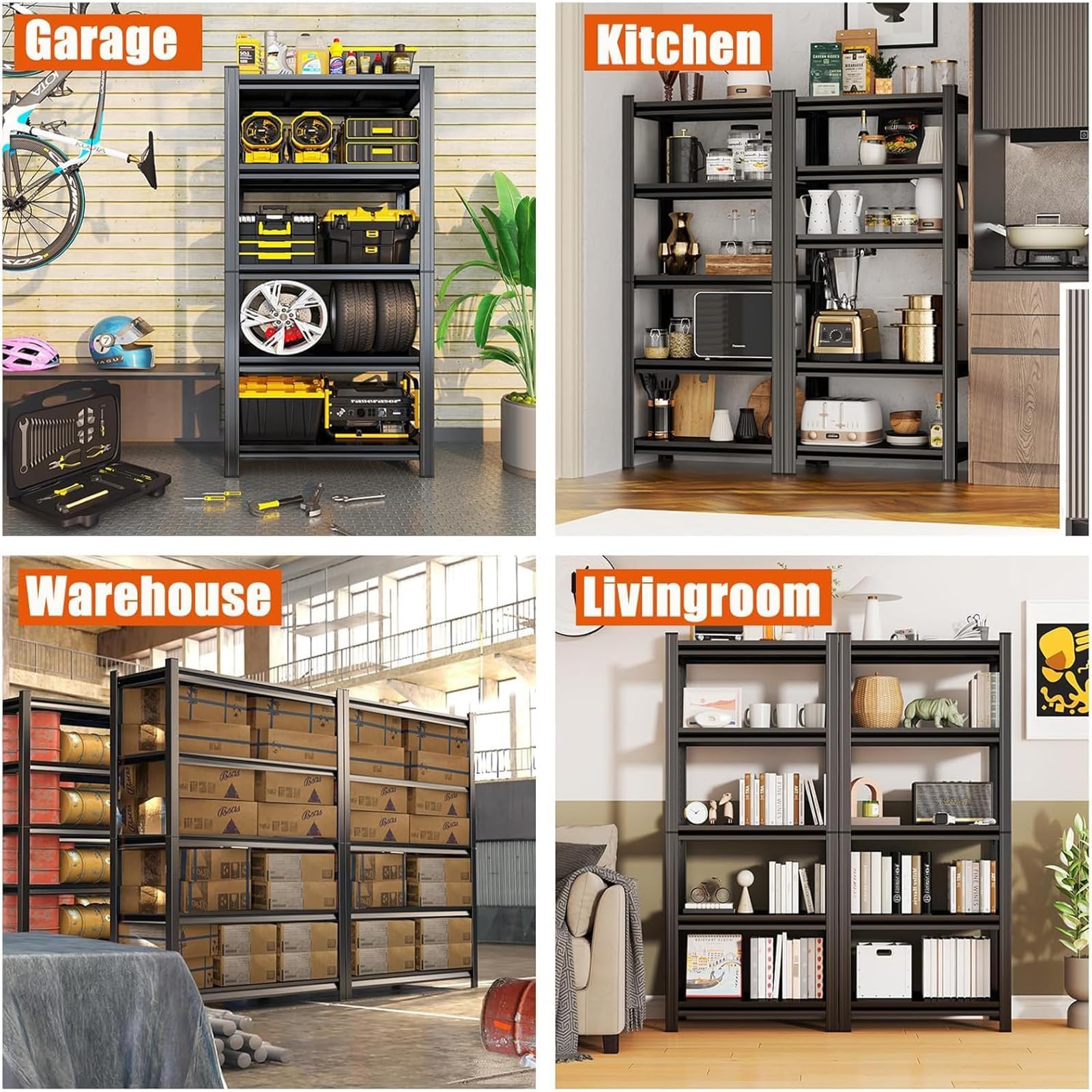 Scaffali da garage in metallo da 30,5 cm, resistenti, 91,4 cm di larghezza, per garage, 5 ripiani regolabili in acciaio per cantina, industria, negozio, dispensa, magazzino, cucina, nero