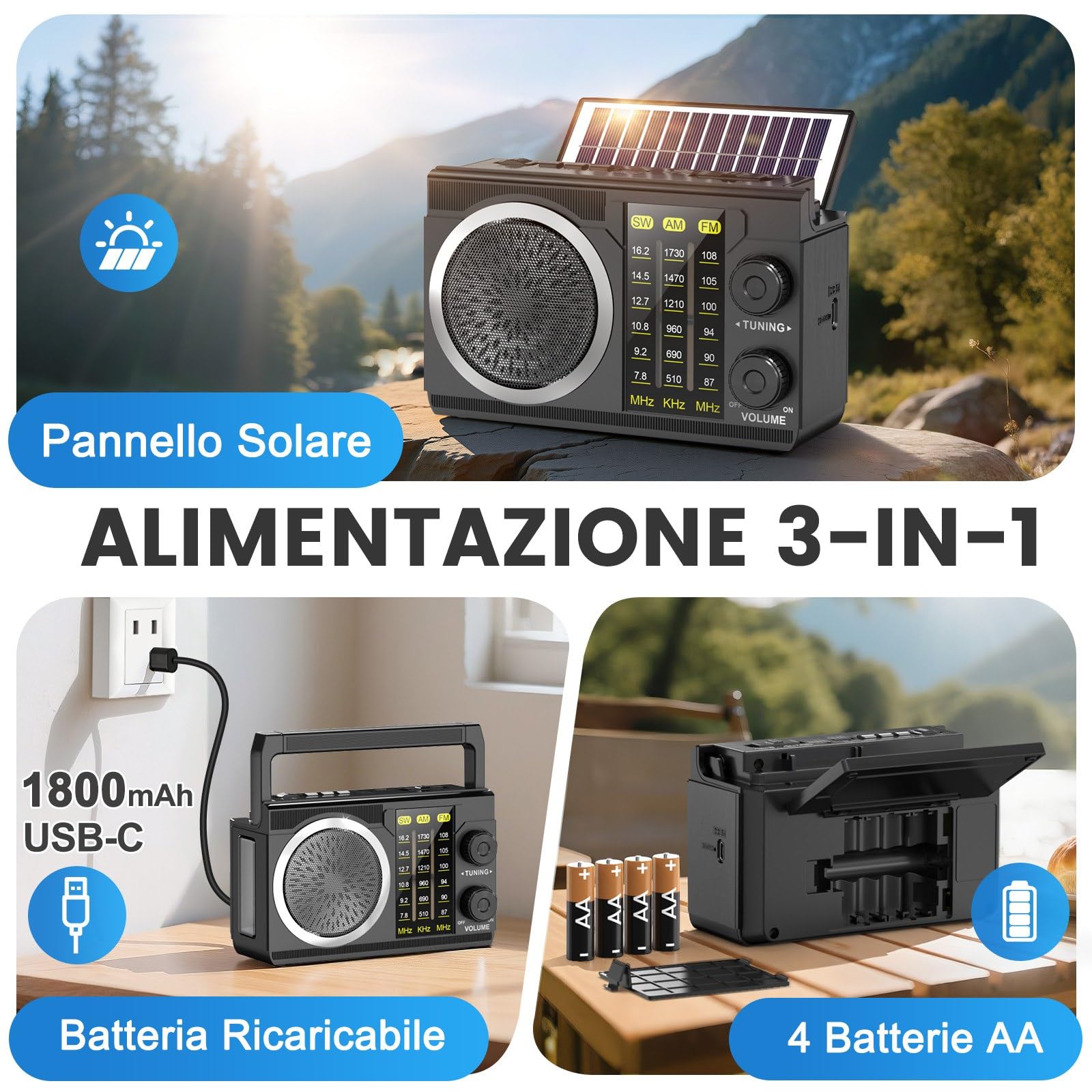 PRUNUS J-135S Radio Portatile AM/FM/SW, Mini Radio Solare Bluetooth 6.0, Radiolina a Pile (AA) e Batteria Ricaricabile 1800 mAh con Torcia, Supporta TF/USB, per Casa, Campeggio e Emergenza.