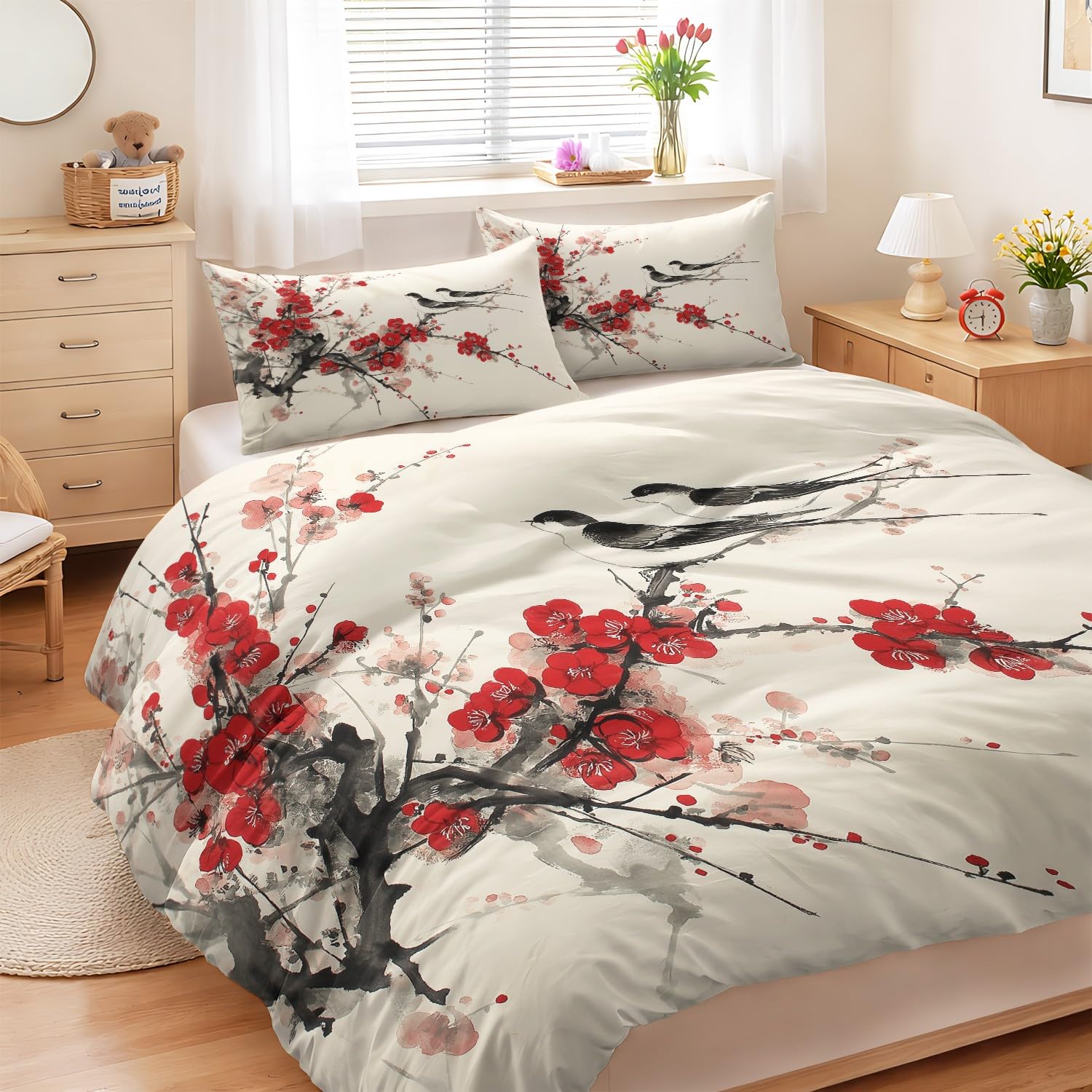 Poszwa na kołdrę 200 x 200 cm, eleganckie jaskółki kwiat śliwki dla amatorów sztuki, beżowy, chiński, miękki zestaw pościeli z mikrofibry z zamkiem błyskawicznym, łatwy w pielęgnacji