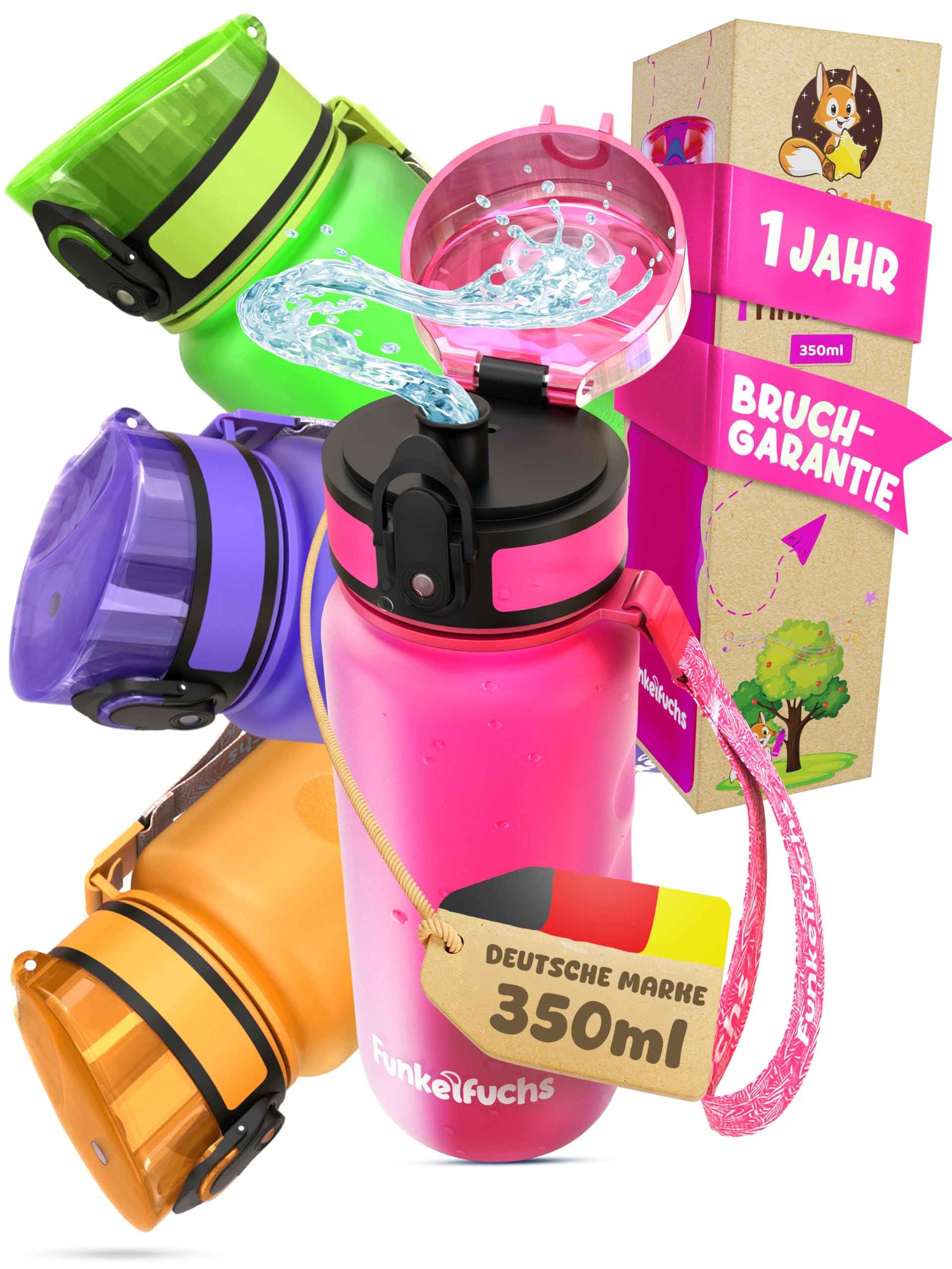 Funkelfuchs® - Trinkflasche für Kinder – 350ml, Pink – Kohlensäure geeignet - 100% auslaufsicher - Wasserflasche spülmaschinenfest - für Kindergarten, Einschulung, Schule, Sport