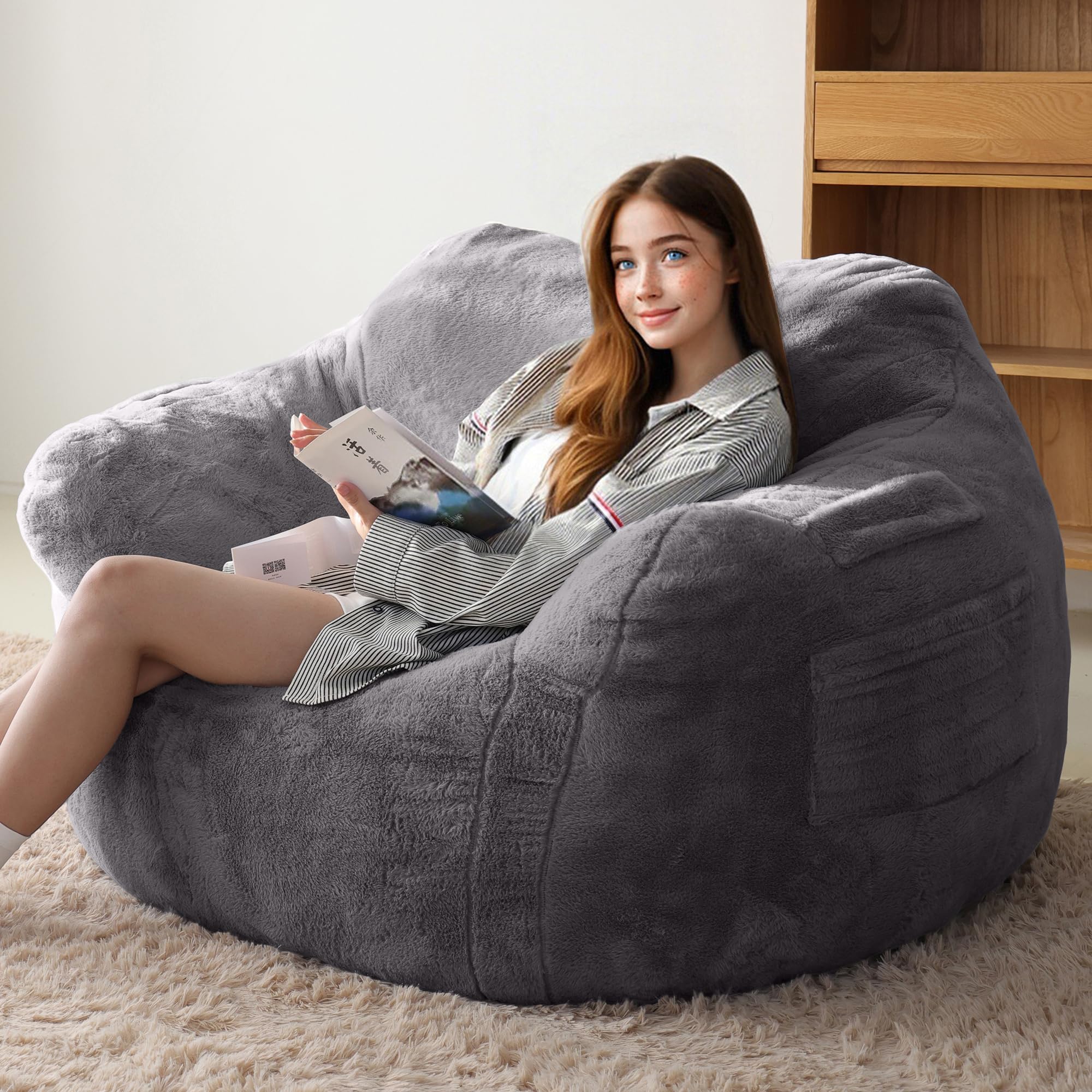 Thoustars Large Bean Bag Chairs for Adults - Oversized Memory Foam Filled Bean Bag Sofa | Fluffy Adult Bean Bag Chair, Big Bean Bag Chairs for Living Room, Bedroom & Dorm - Dark Gray