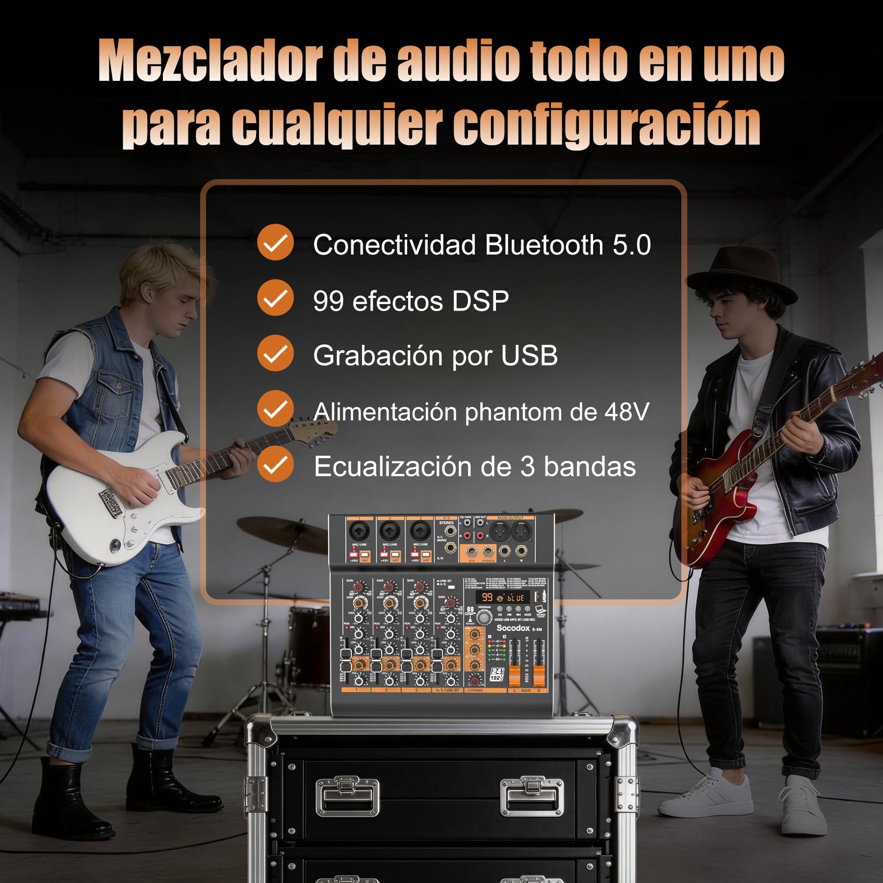 Mezcladora de audio de 5 canales con Bluetooth y 99 efectos DSP | Alimentación fantasma 48V, EQ de 3 bandas, grabación por USB, bajo ruido, control de ganancia para podcast, iglesia, karaoke