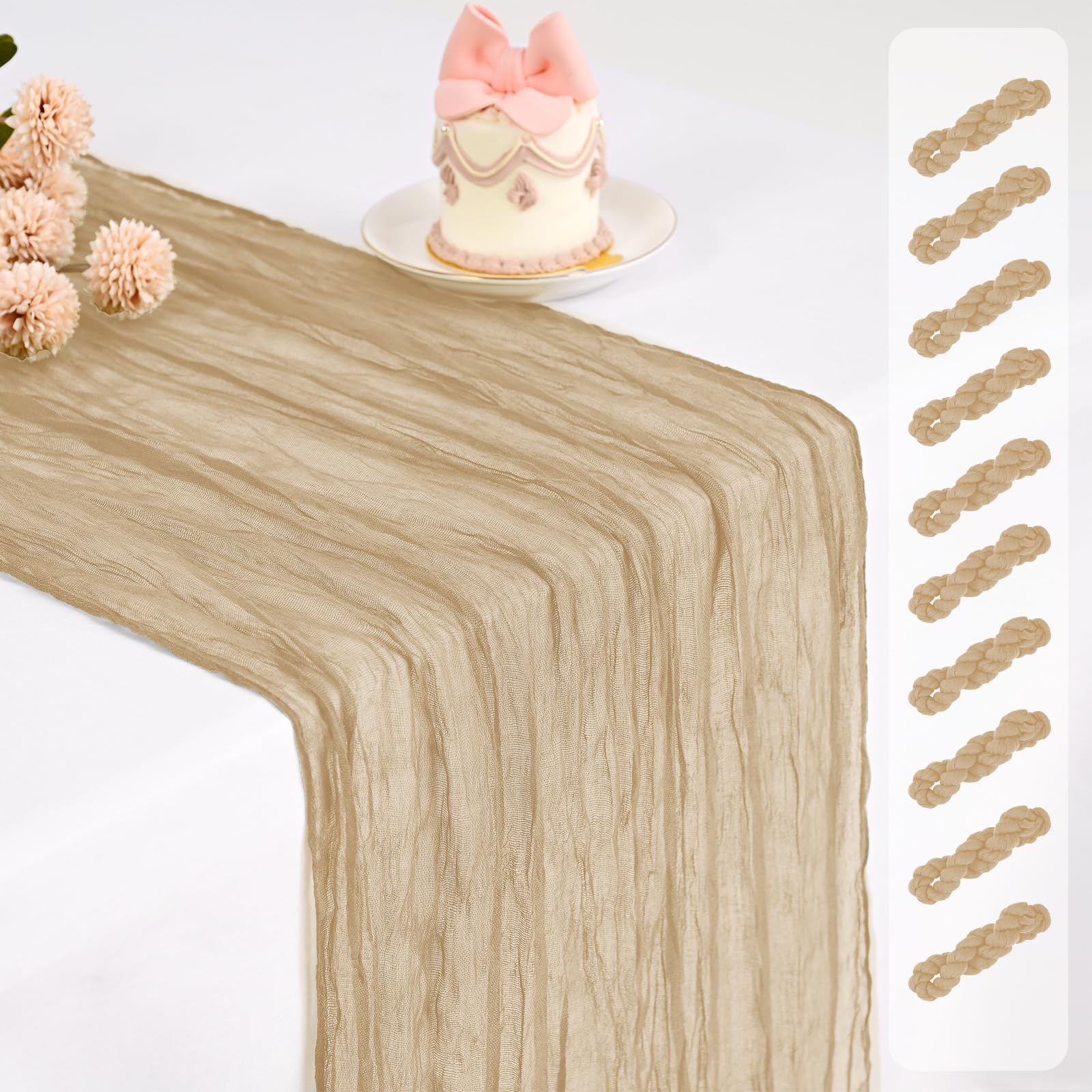 10 Pack Cheesecloth Table Runner,Beige Table Runner Long Romantic Semi Sheer Rustic Boho Gauze Table Runners for Wedding Bridal Shower Birthday Party Decorations(17.7×108 Inch)