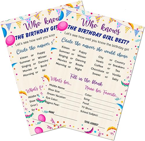 RokAPary Who Knows The Birthday Girl Best Game, ideas temáticas para fiesta de cumpleaños, juego divertido para fiestas de pijamas, juego de 30 disponible en Yaxa Costa Rica