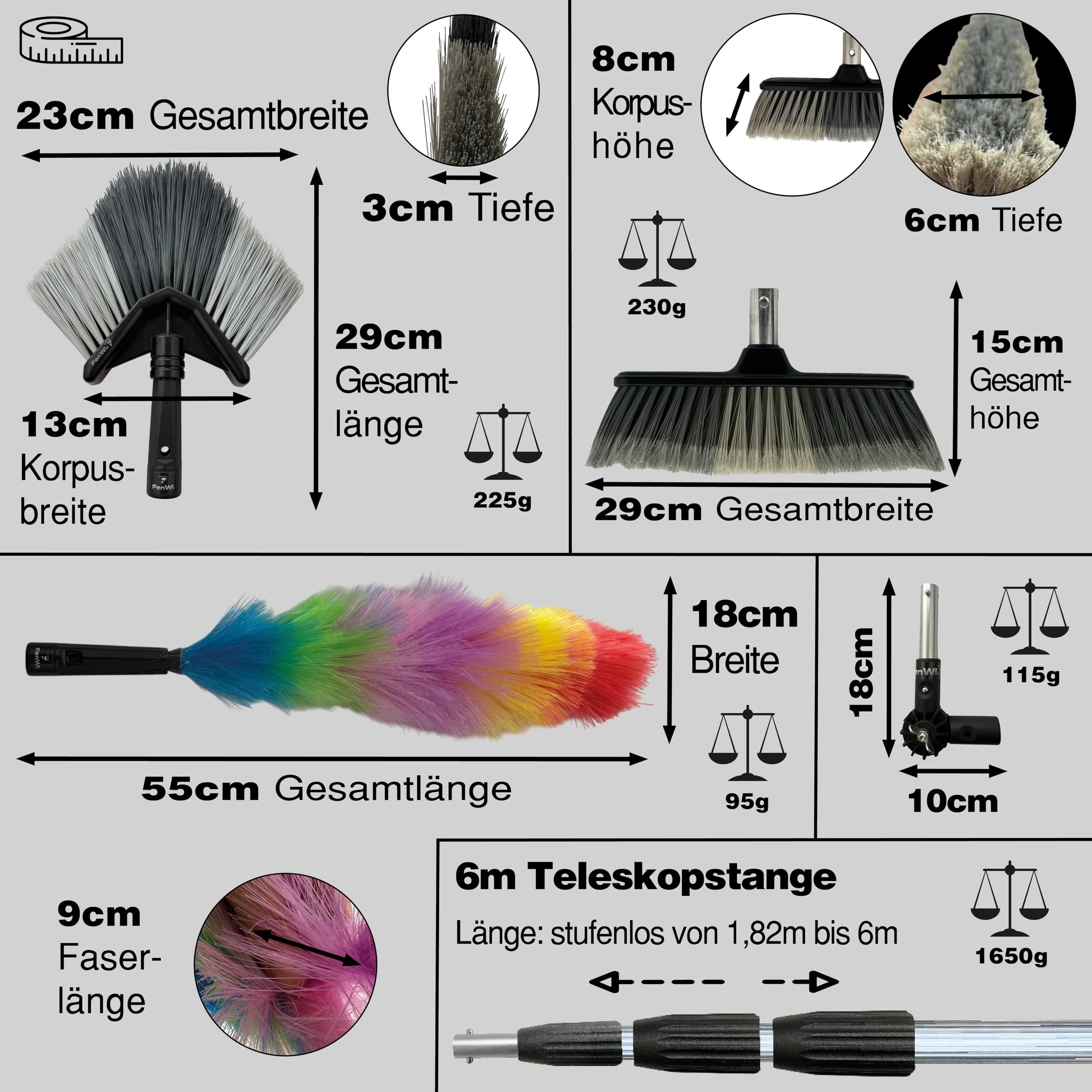 FenWi 6m Teleskopbesen Komplett Set mit 6 Meter Aluminium Teleskopstiel Winkelbesen Staubwedel Besenaufsatz (Flachbesen) und Knickgelenk für hohe Räume, Terrasse und Wintergarten