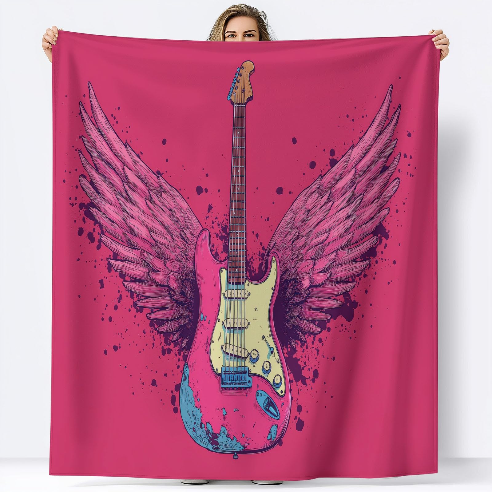 Generico Kreskówka Skrzydlata Gitara Koc Polar 150 x 200 cm Flanelowe Koce Pojedyncze Ciepłe, Różowe Koce W Kratę Polar Sherpa Łóżko Sofa Koc Zimowy