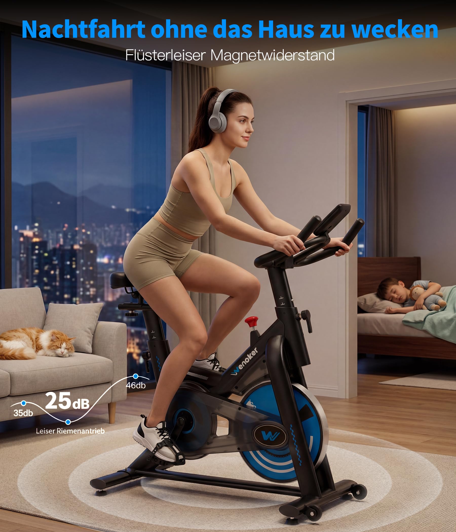 WENOKER Cyclette con app e resistenza regolabile, silenziosa, con display LCD, per interni, ergometro fino a 160 kg, per allenamento cardio, a casa