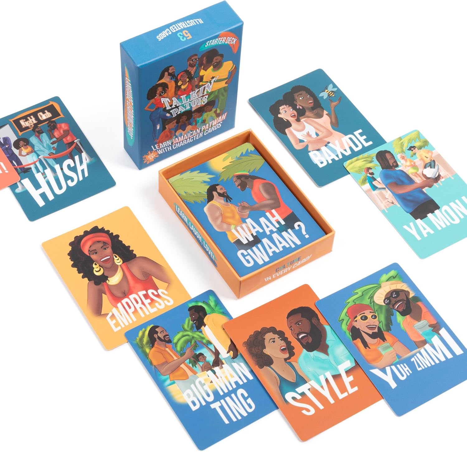 Talkin Patois Language Learning Cards | 53 Jamaican Phrases Explained | Illustrated by Local Artists | Includes E-Learning Access - Image 2