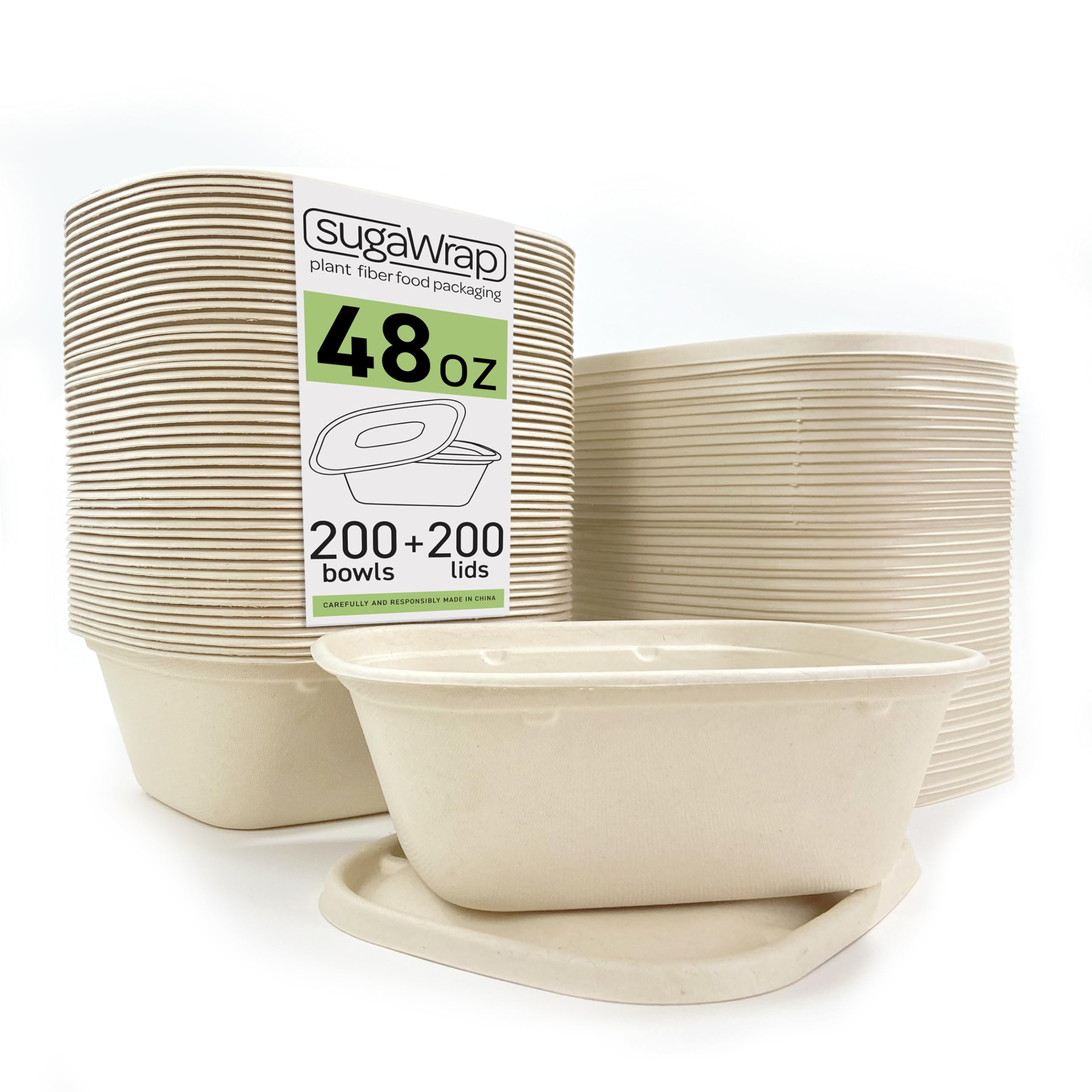 Recipientes desechables de 48 onzas con tapas (200 cuencos + 200 tapas) ecológicos biodegradables de bambú y caña de azúcar, resistentes y resistentes a fugas, aptos para congelador y
